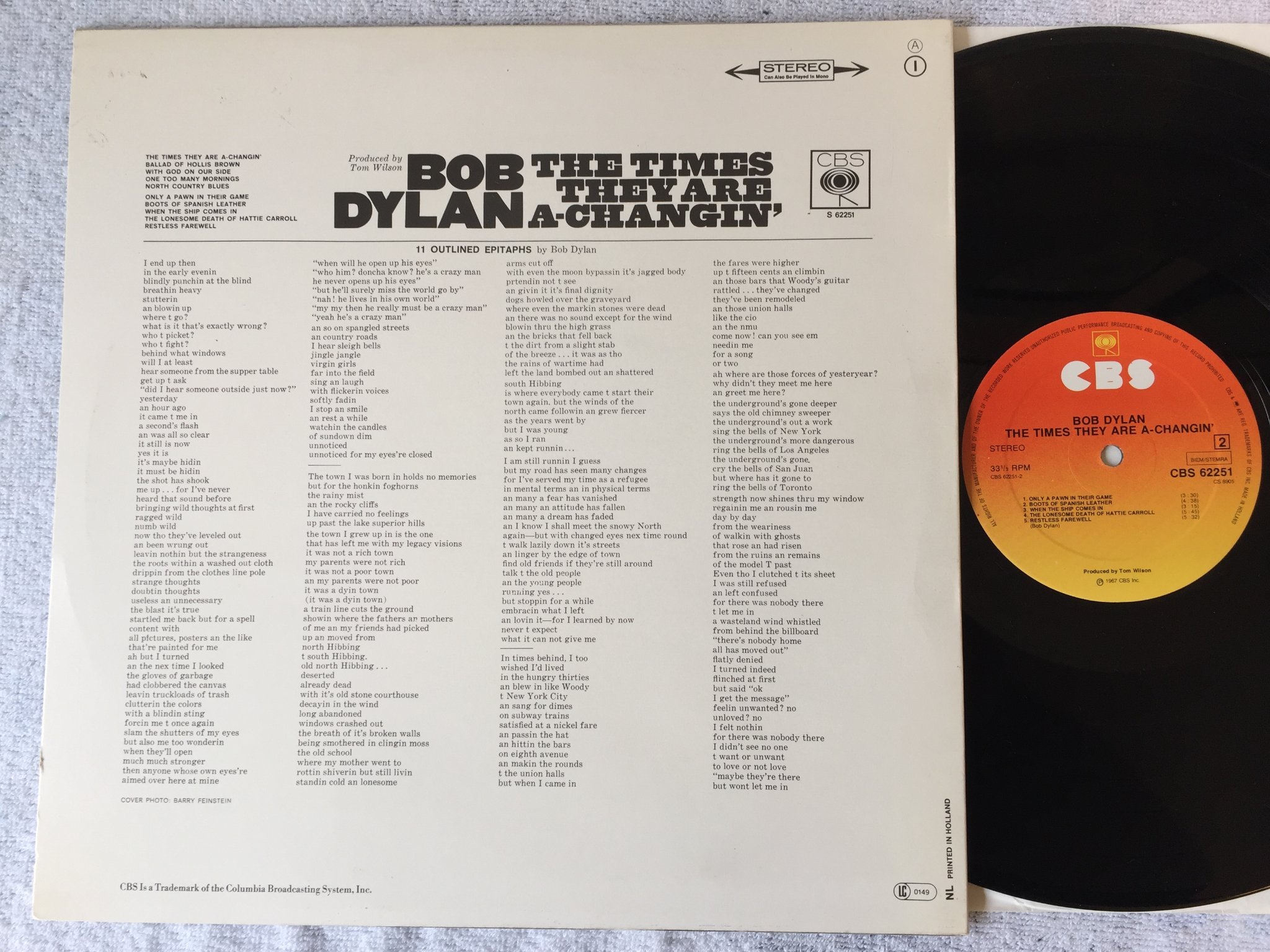 Omslagsbild för skivan BOB DYLAN the times they are a-changin’ LP Hol CBS 62251