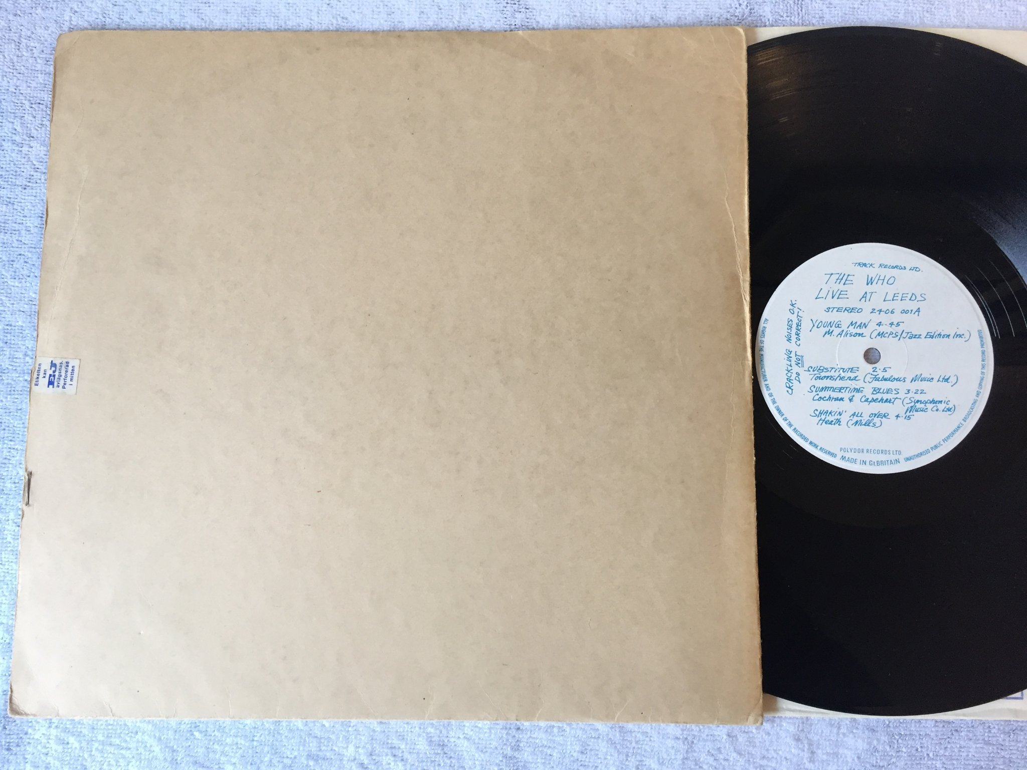 Omslagsbild för skivan THE WHO live at Leeds LP UK TRACK 2406001