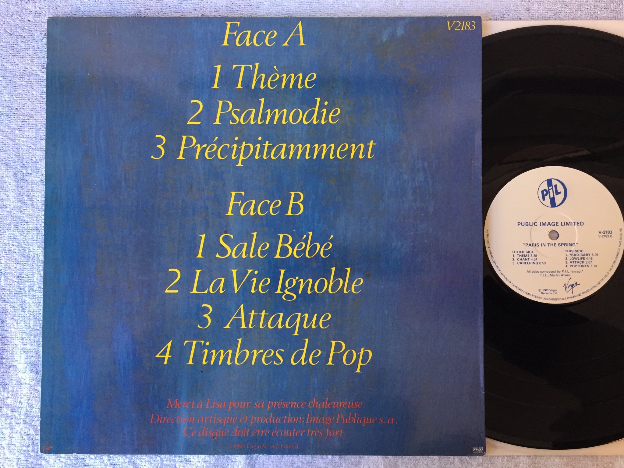 Omslagsbild för skivan PUBLIC IMAGE LIMITED Paris in the spring LP -80 UK VIRGIN V2183