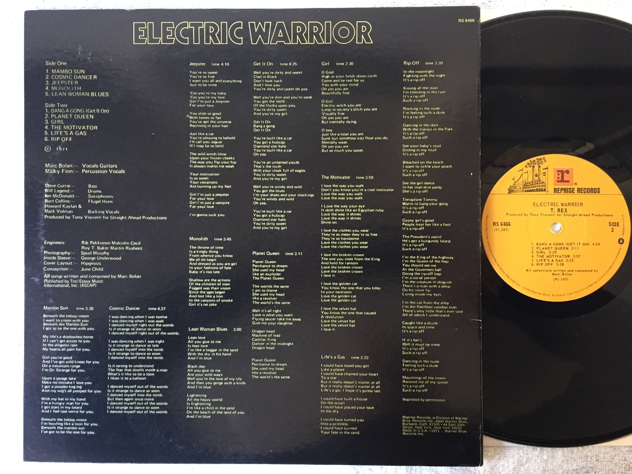 Omslagsbild för skivan T REX electric warrior LP -71 US REPRISE RS 6466 