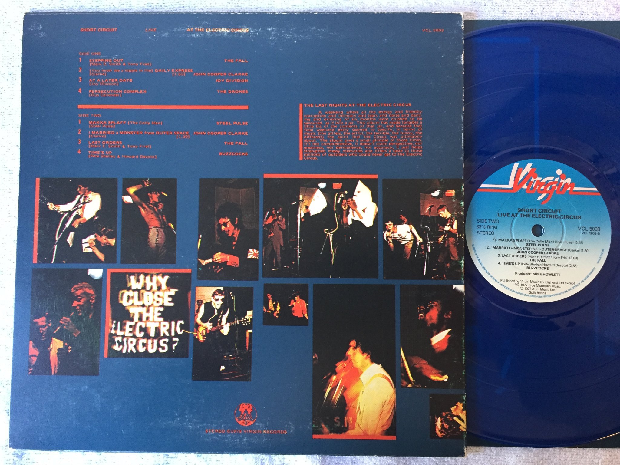 Omslagsbild för skivan SHORT CIRCUIT live at the electric circus 10”LP -77 UK VIRGIN VCL 5003 PUNK blue