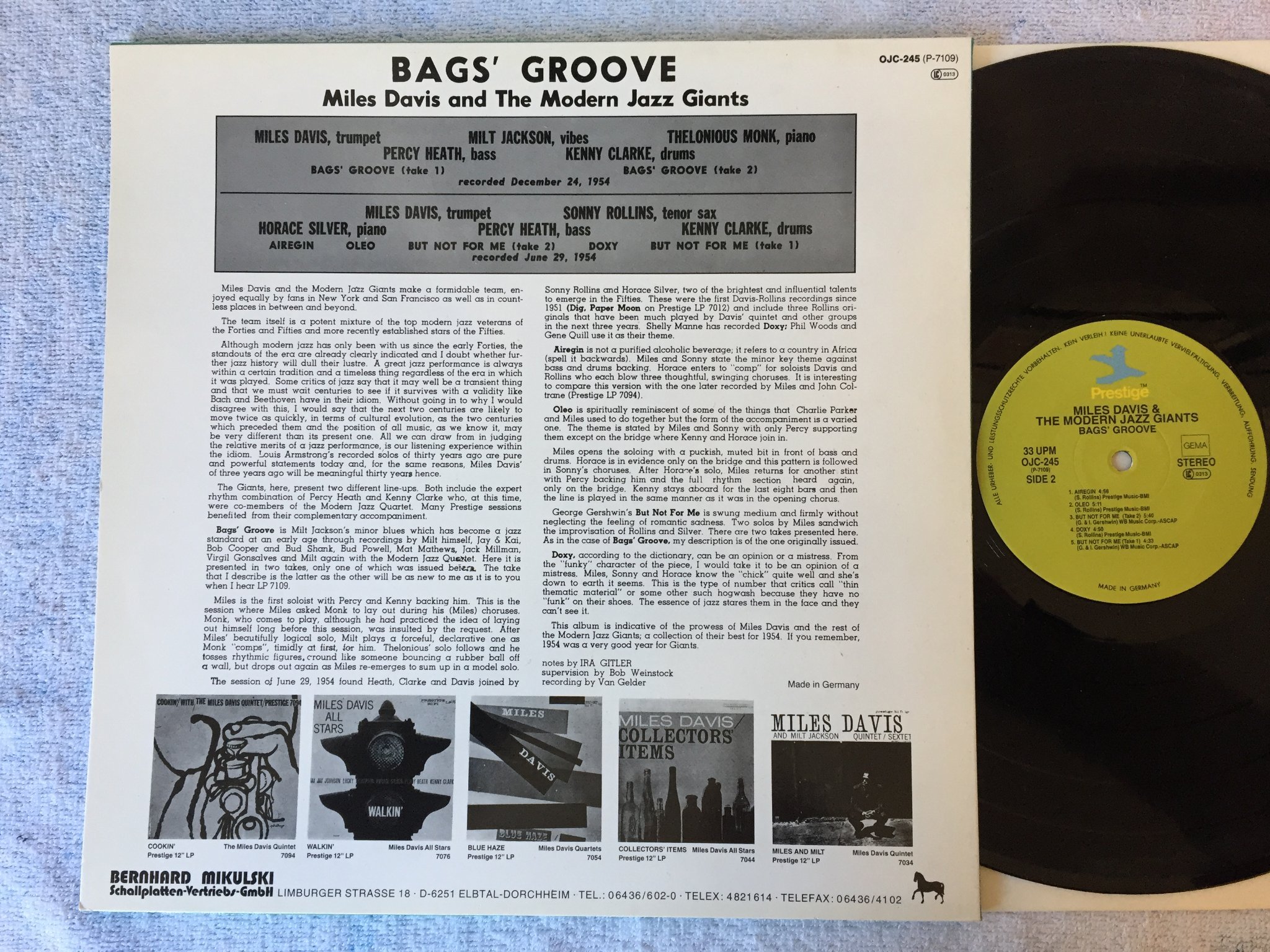 Omslagsbild för skivan MILES DAVIS bag’s groove LP Ger PRESTIGE OJC 245