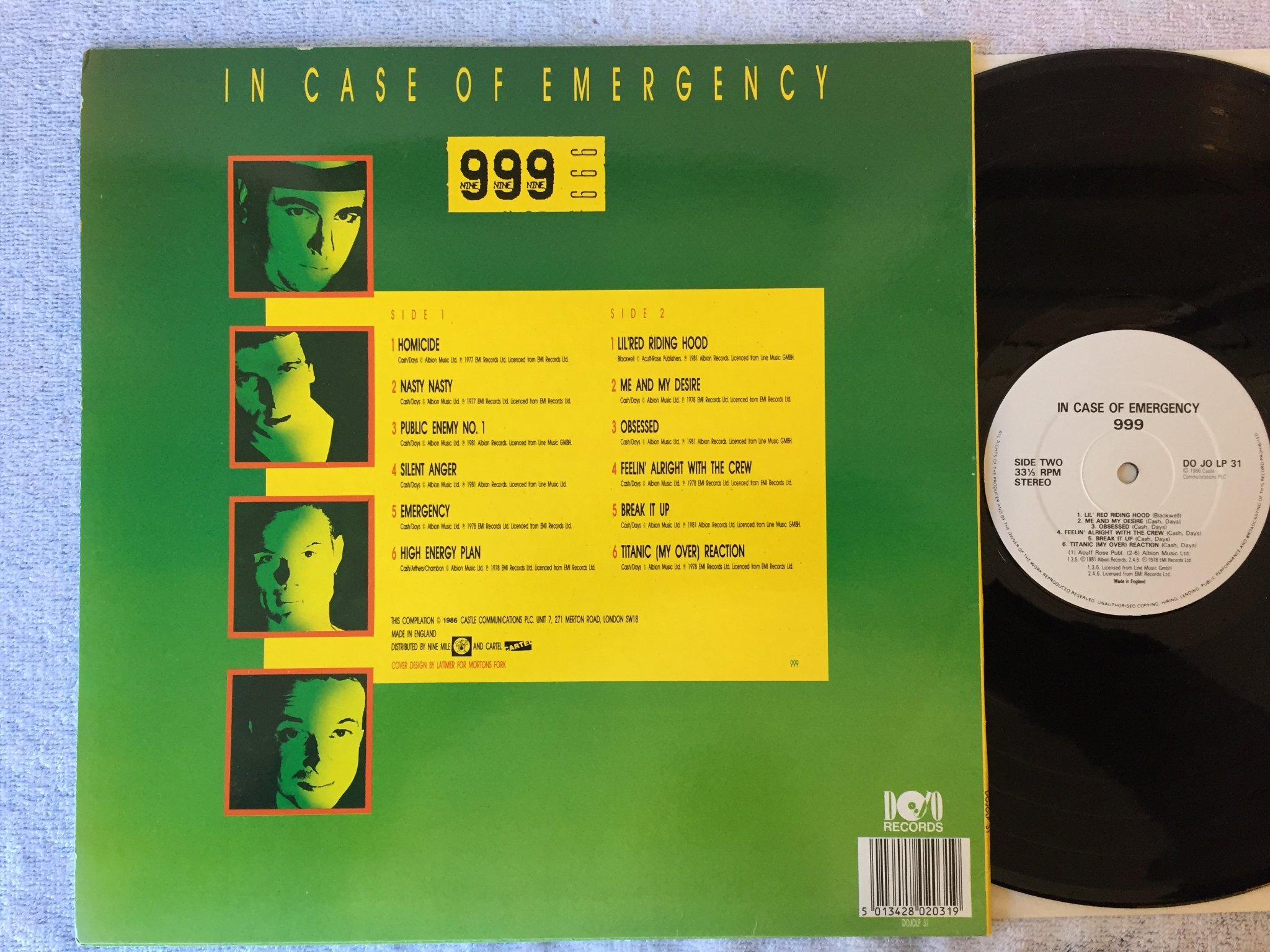 Omslagsbild för skivan NINE NINE NINE in case of emergency LP -86 UK CASTLE DO JO LP 31