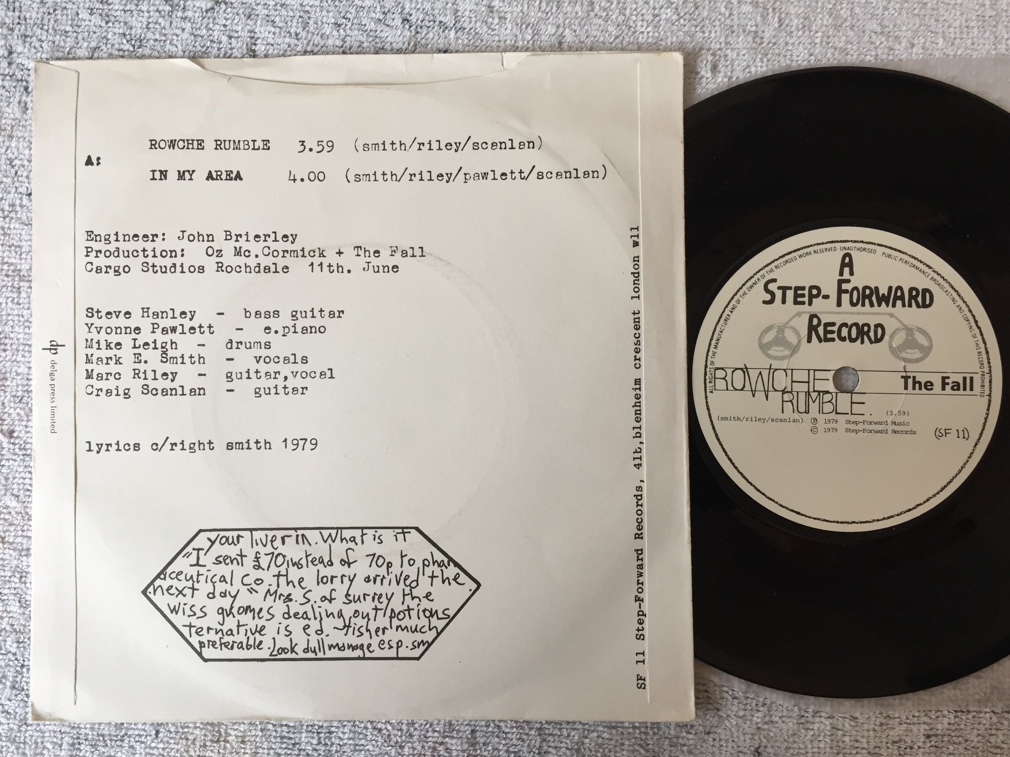 Omslagsbild för skivan THE FALL Rowche Rumble 7”single -79 UK STEP-FORWARD SF-11 