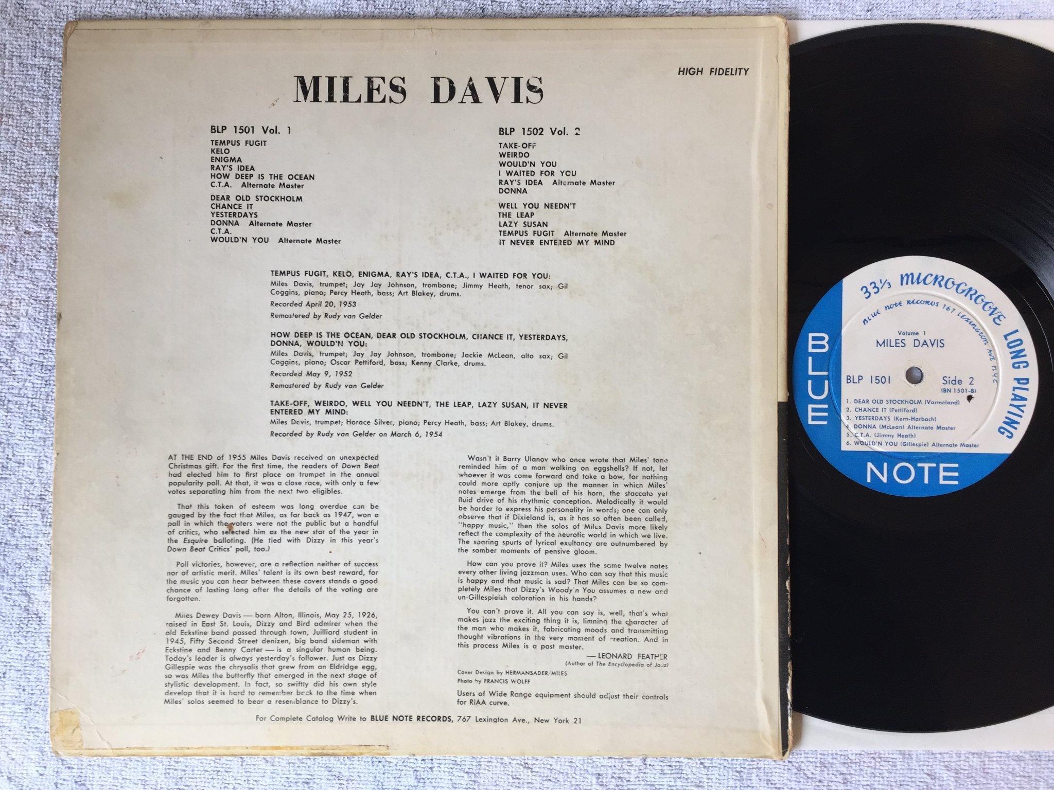 Omslagsbild för skivan MILES DAVIS volume 1 LP -55 US BLUE NOTE BLP 1501 Lexington Ave