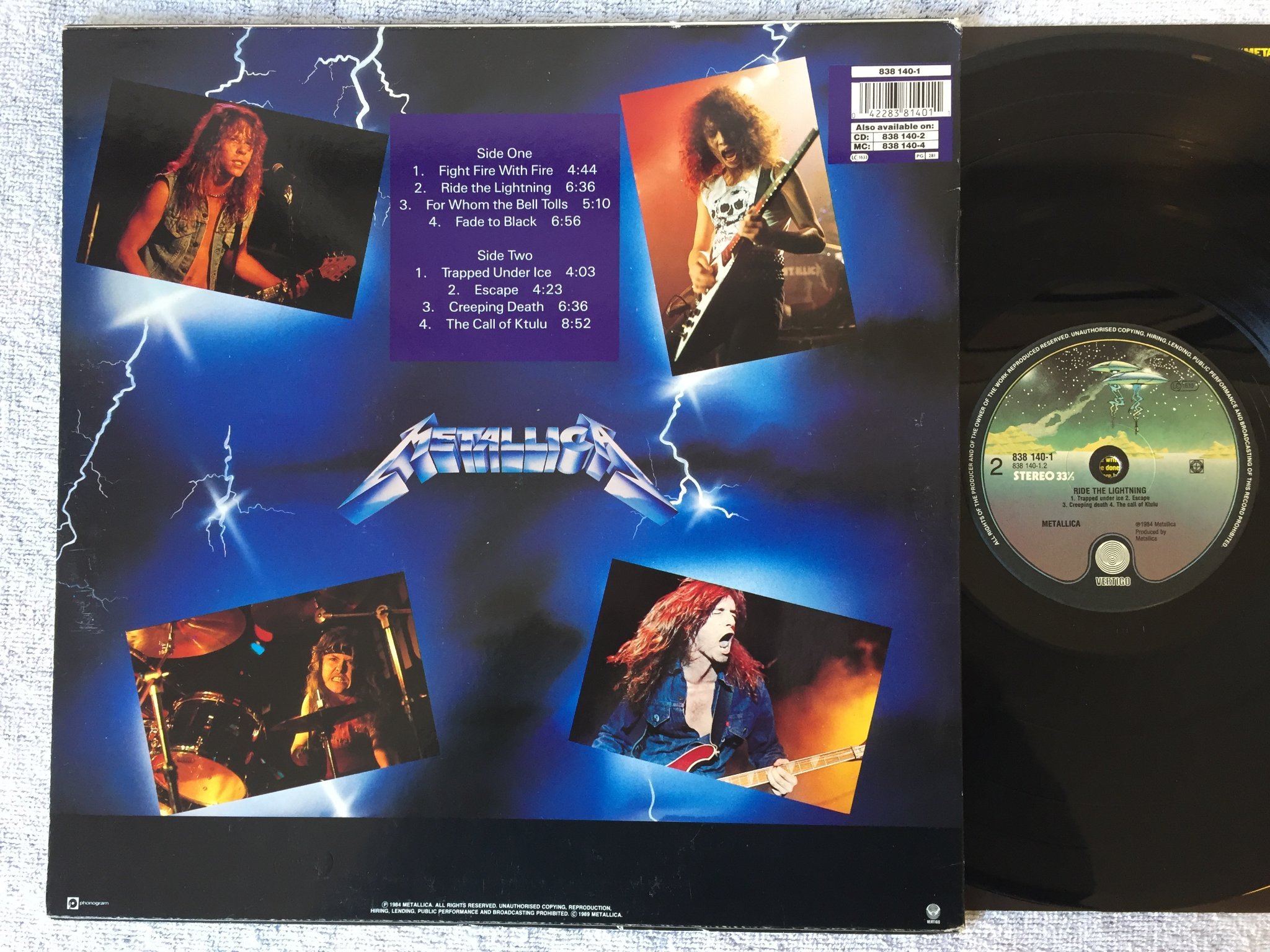 Omslagsbild för skivan METALLICA ride the lightning LP -84 Ger VERTIGO 838 140-1