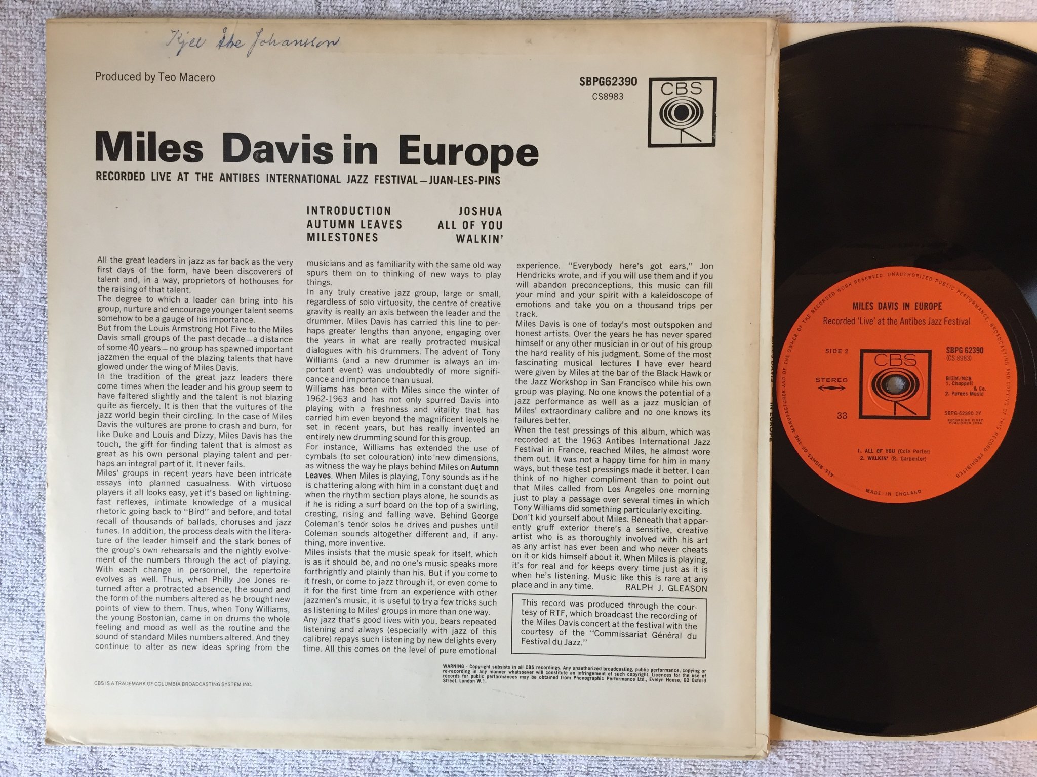Omslagsbild för skivan MILES DAVIS in Europe LP -64 UK boxed CBS SBPG 1st SBPG 62390