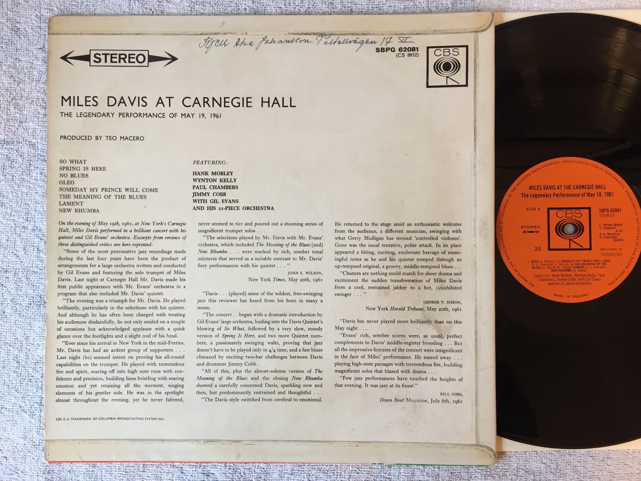 Omslagsbild för skivan MILES DAVIS at the Carnegie Hall LP -62 UK boxed CBS SBPG 1st SBPG 62081