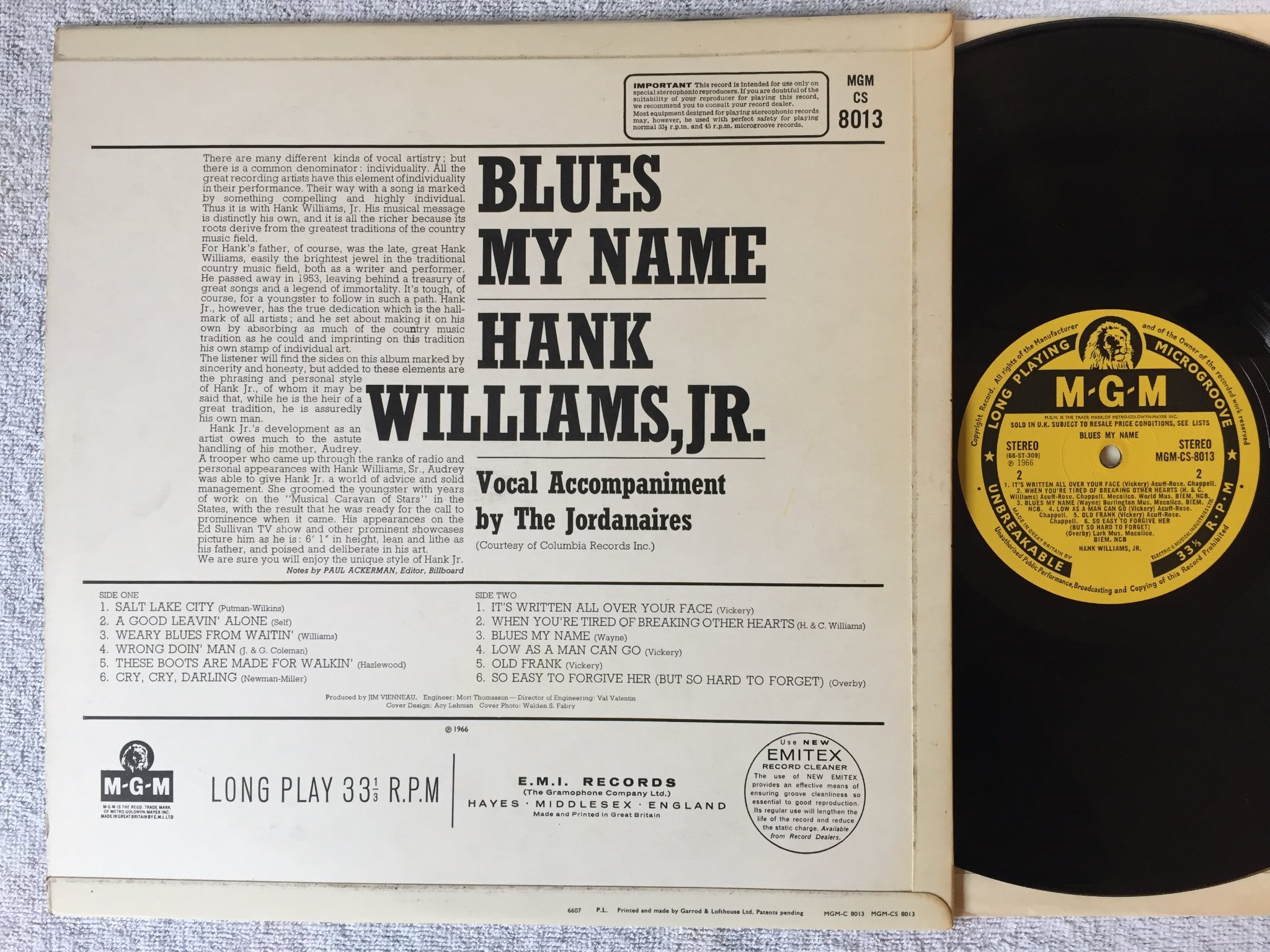 Omslagsbild för skivan HANK WILLIAMS JR blues my name LP -66 UK MGM CS 8013