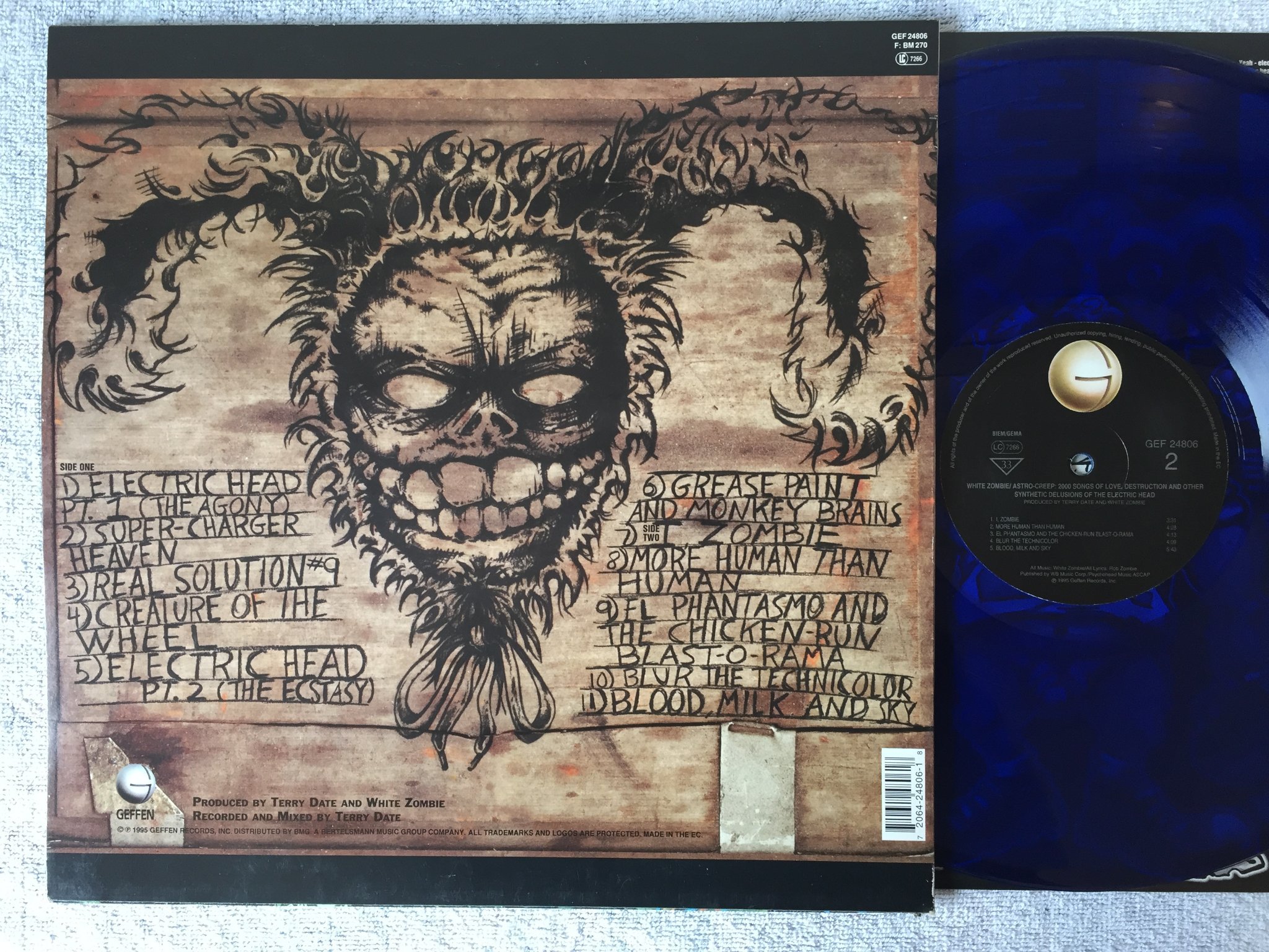Omslagsbild för skivan WHITE ZOMBIE Astro-Creep: 2000  LP -95 EU GEFFEN GEF 24806 blue vinyl