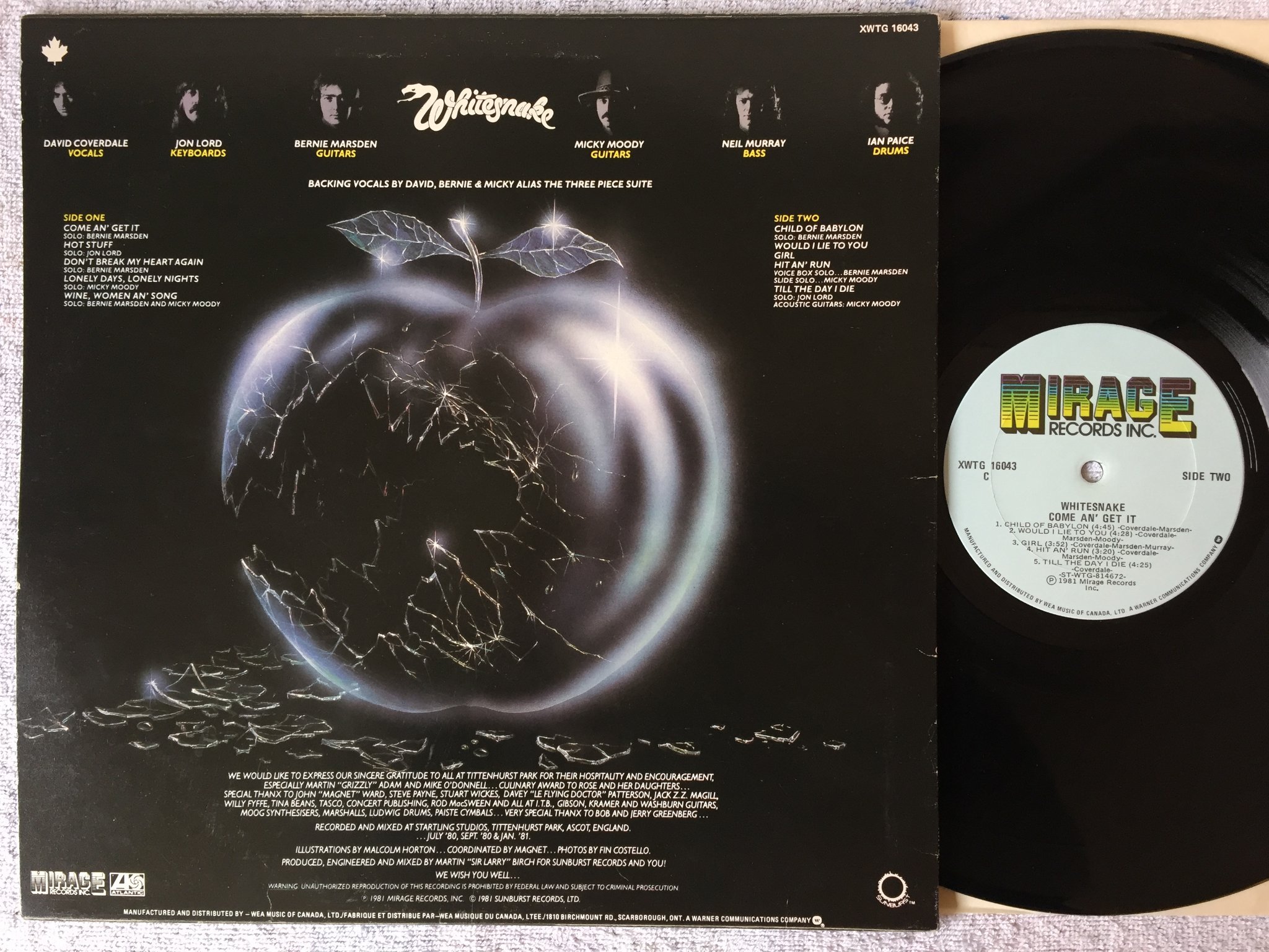 Omslagsbild för skivan WHITESNAKE come an get it LP -81 Canada MIRAGE XWTG 16043