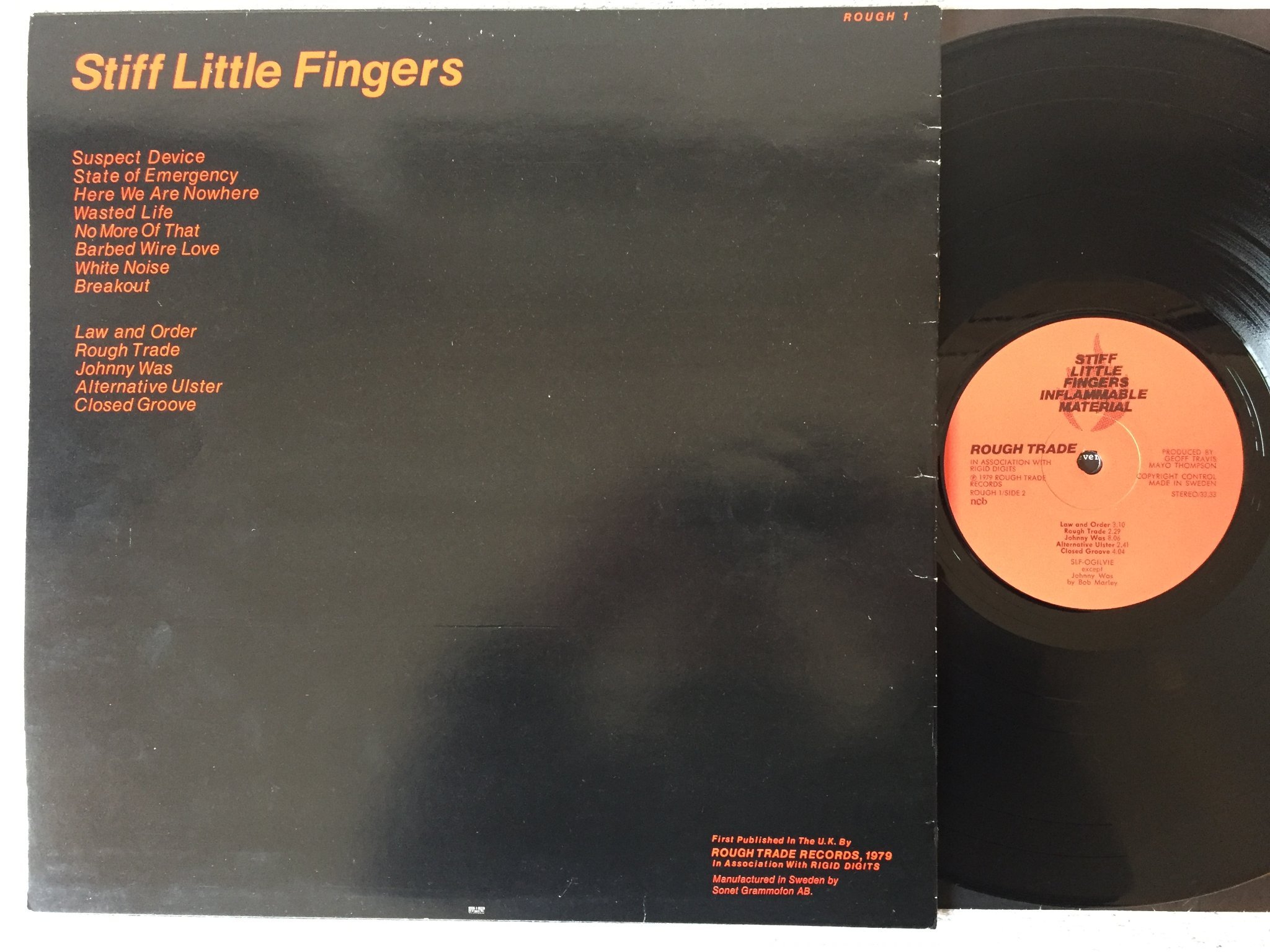 Omslagsbild för skivan STIFF LITTLE FINGERS inflammable material LP -79 Swe ROUGH TRADE ROUGH 1 