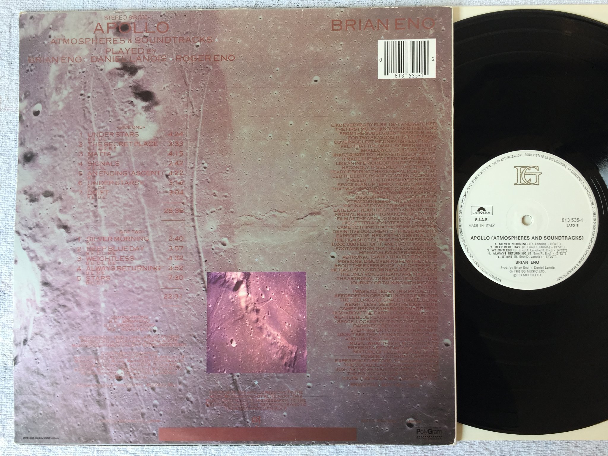 Omslagsbild för skivan BRIAN ENO Apollo - Atmospheres & Soundtracks LP Ita EG 813 535-1