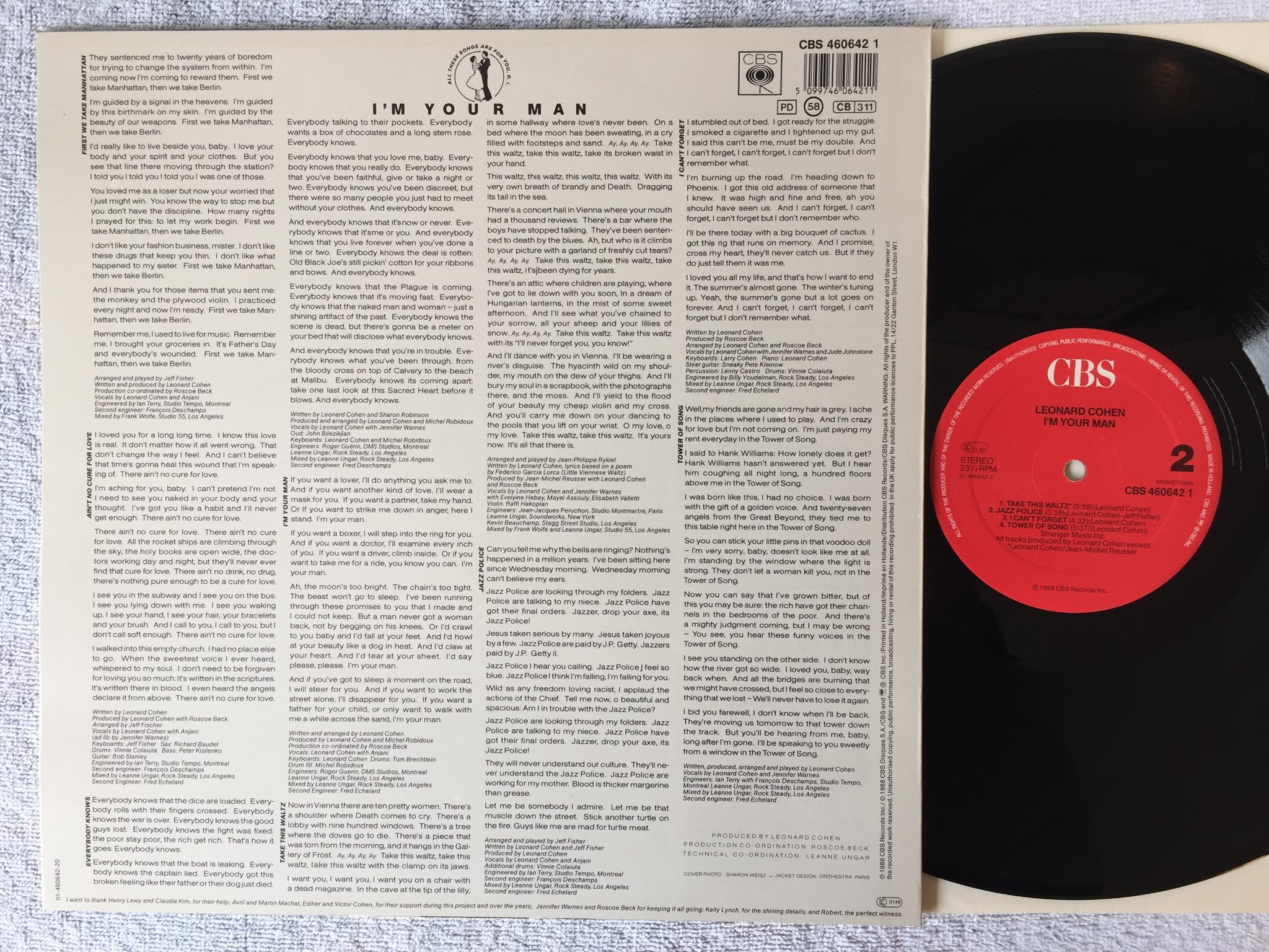 Omslagsbild för skivan LEONARD COHEN I'm your man LP -88 Hol CBS 4606421