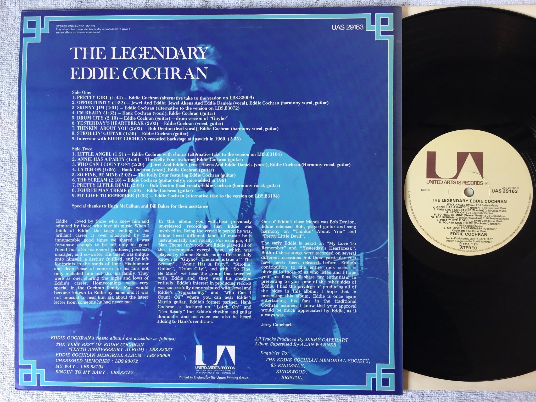 Omslagsbild för skivan EDDIE COCHRAN the legendary LP 	UK UNITED ARTISTS UAS 29163