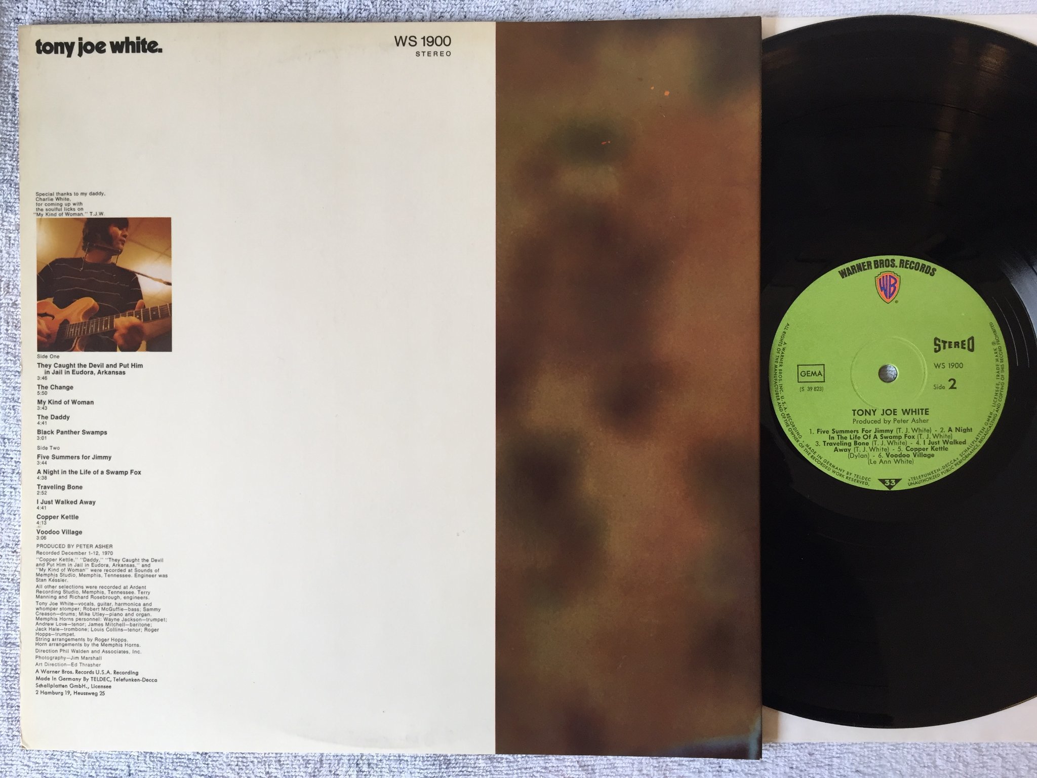Omslagsbild för skivan TONY JOE WHITE s/t LP -71 Ger WARNER WS 1900