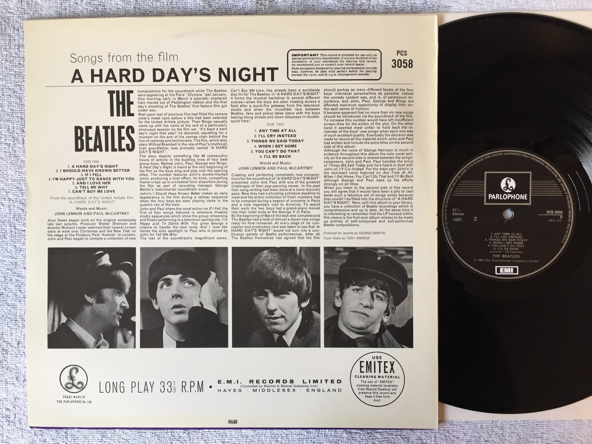 Omslagsbild för skivan THE BEATLES a hard day's night LP Swe PARLOPHONE PCS 3058