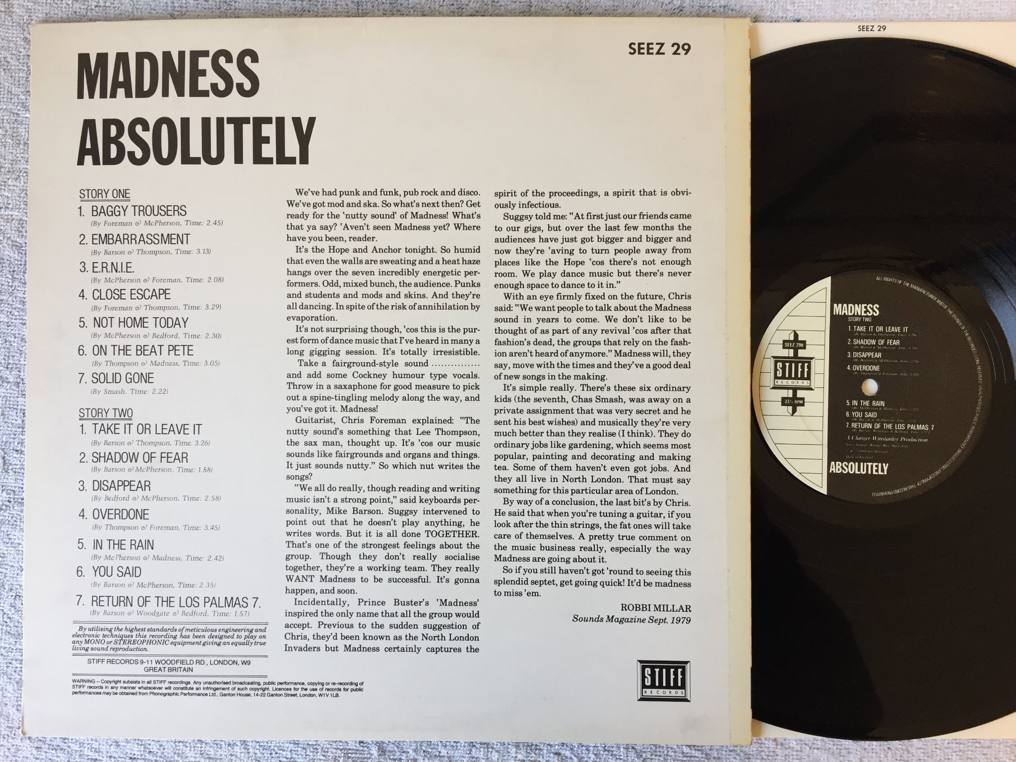 Omslagsbild för skivan MADNESS Absolutely LP -80 UK STIFF RECORDS SEEZ 29