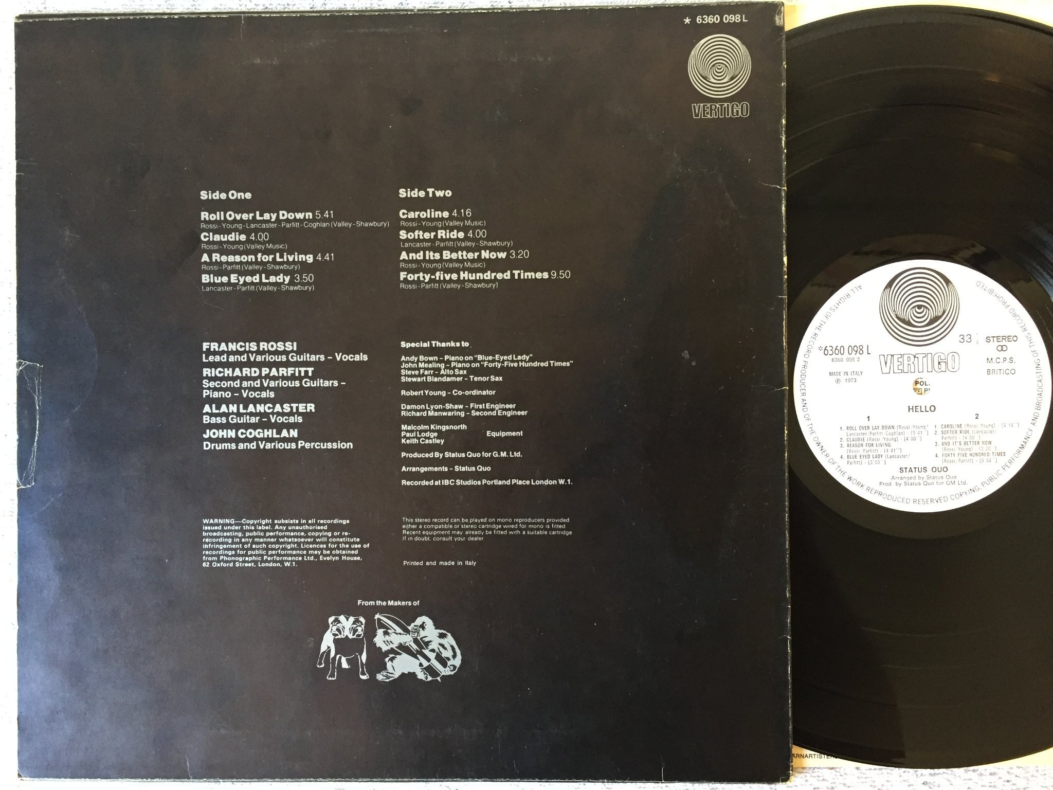 Omslagsbild för skivan STATUS QUO hello LP -73 Ita VERTIGO 6360098 L 