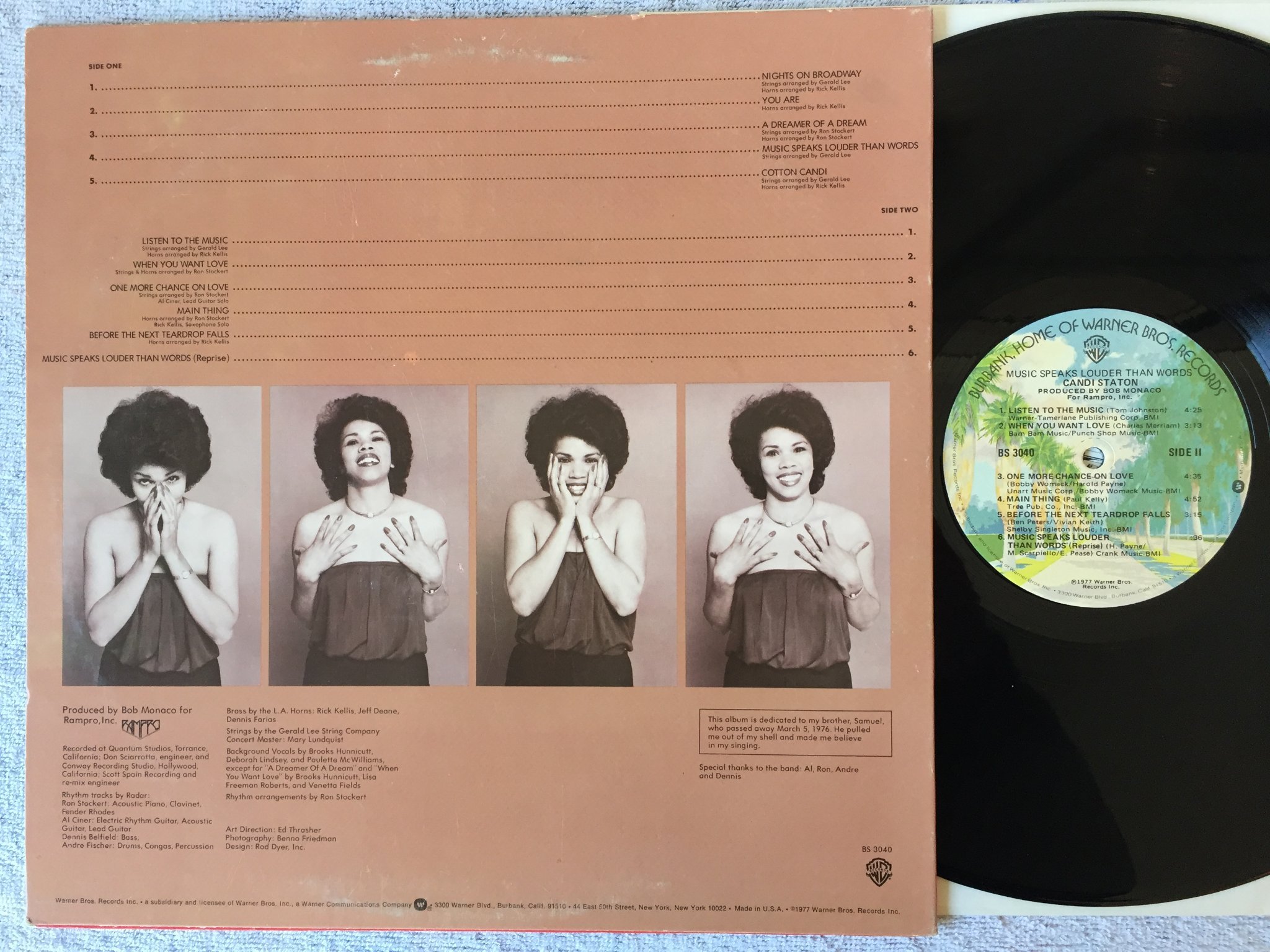 Omslagsbild för skivan CANDI STATION music speaks louder than words LP -77 US WARNER BROS BS 3040