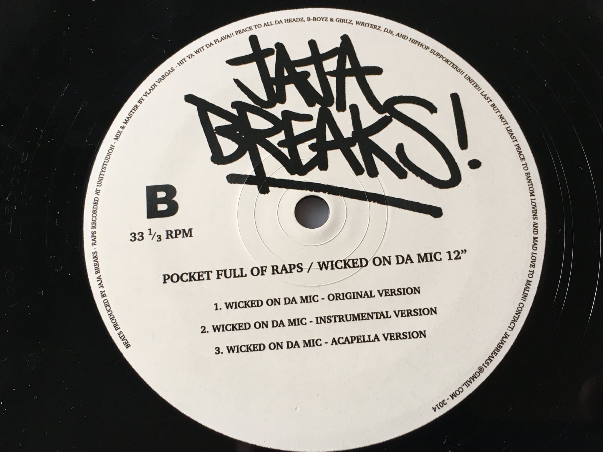 Omslagsbild för skivan JAJA BREAKS pocket full of raps 12"single 2014 PRIVATE PRESS 100 copies only
