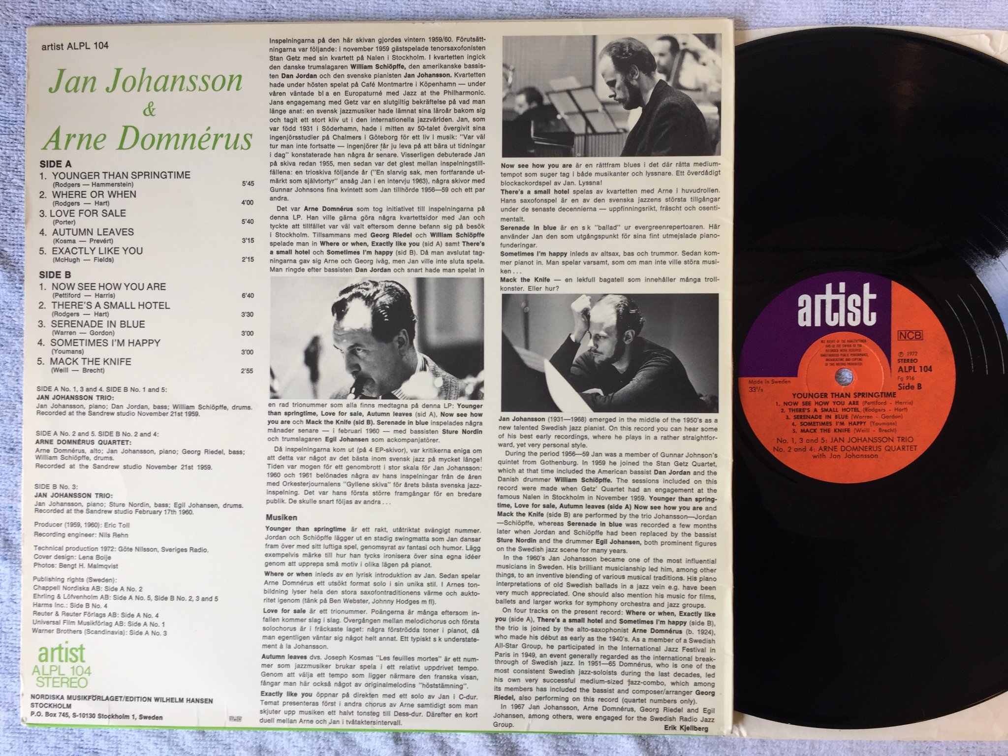 Omslagsbild för skivan JAN JOHANSSON TRIO younger than springtime LP -72 Swe ARTIST ALPL 104