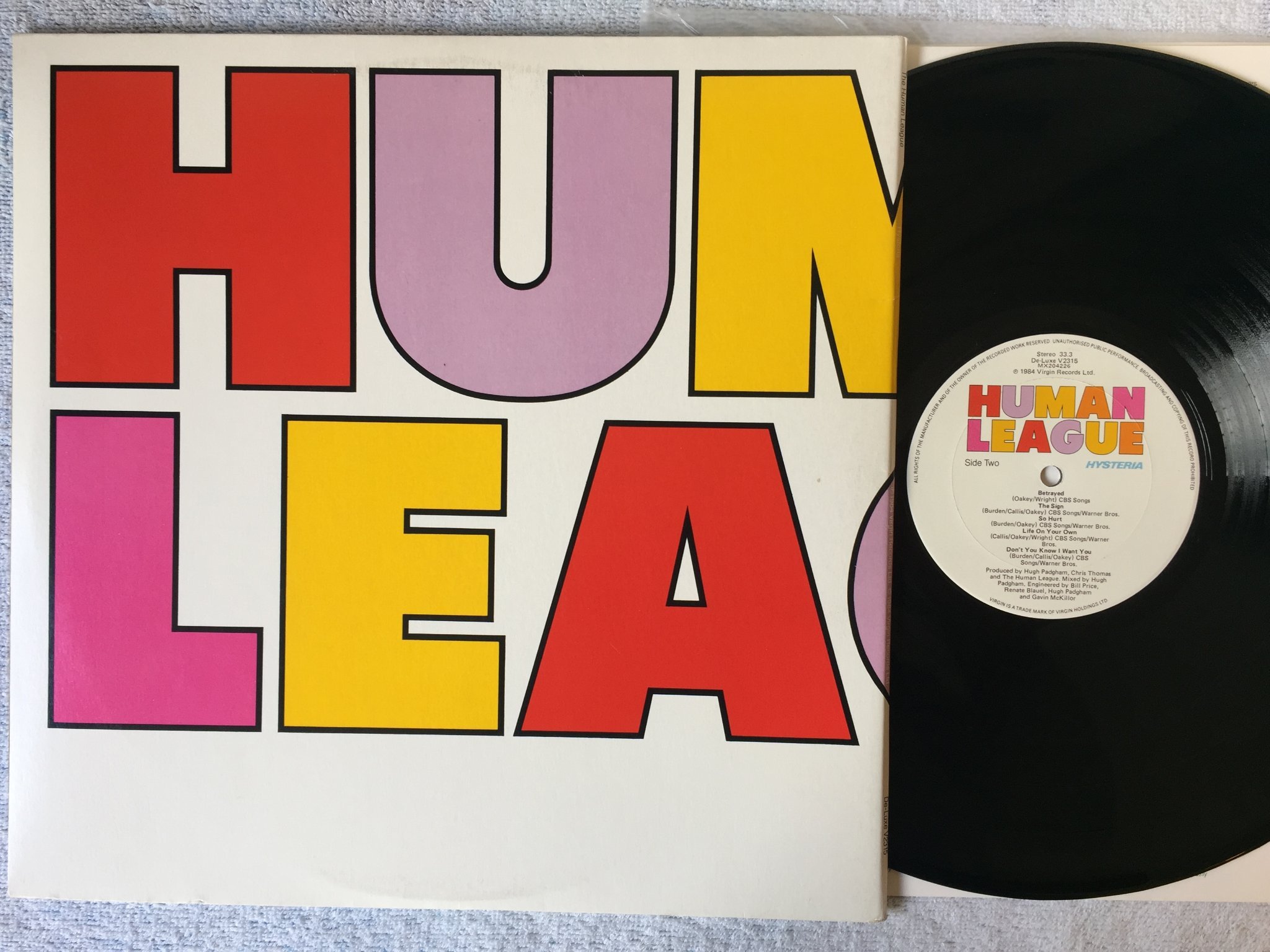 Omslagsbild för skivan HUMAN LEAGUE hysteria LP -84 UK VIRGIN V2315