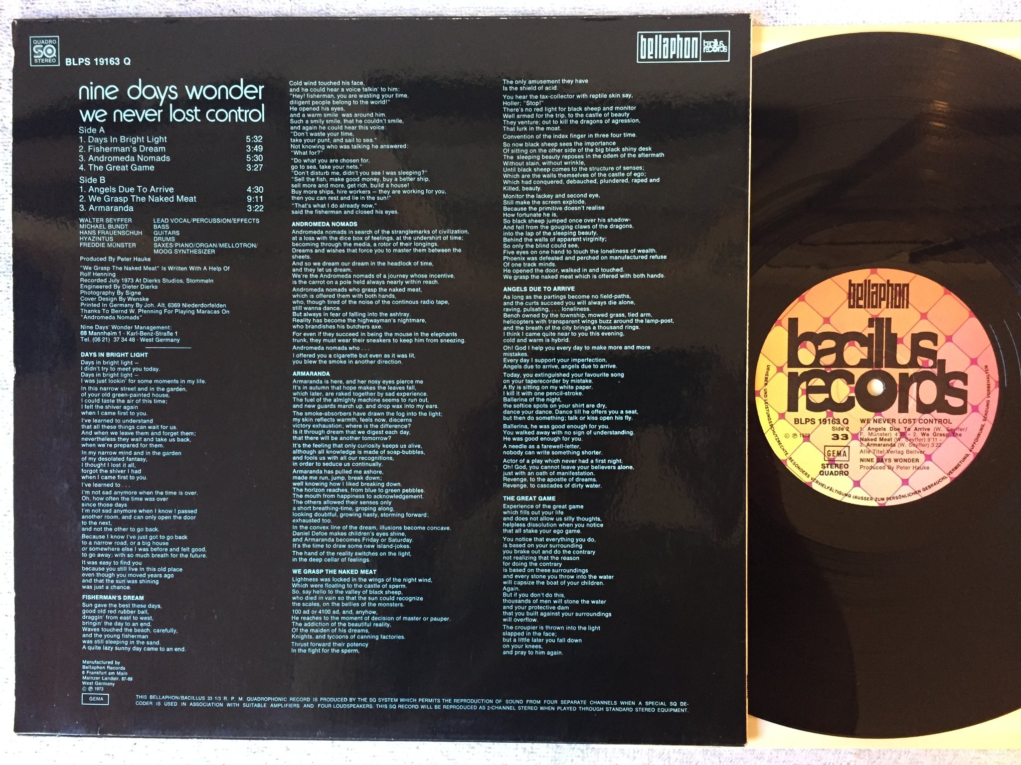 Omslagsbild för skivan NINE DAYS WONDER we never lost control LP -73 Ger BACILLUS BLPS 19163 Q