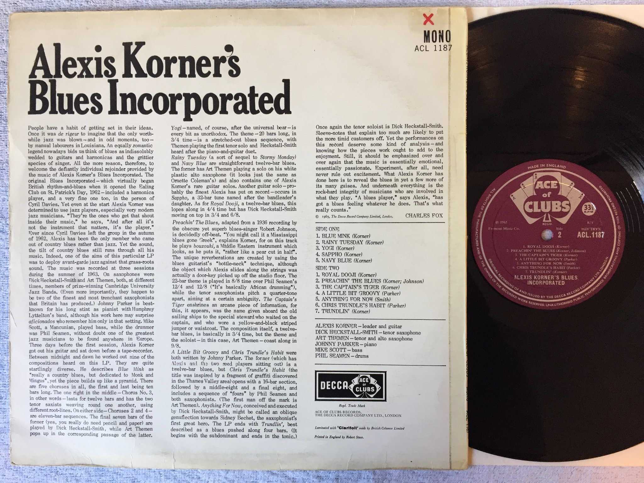 Omslagsbild för skivan ALEXIS KORNER'S BLUES INCORPORATED s/t LP -65 UK ACE OF CLUBS ACL 1187 rare!!