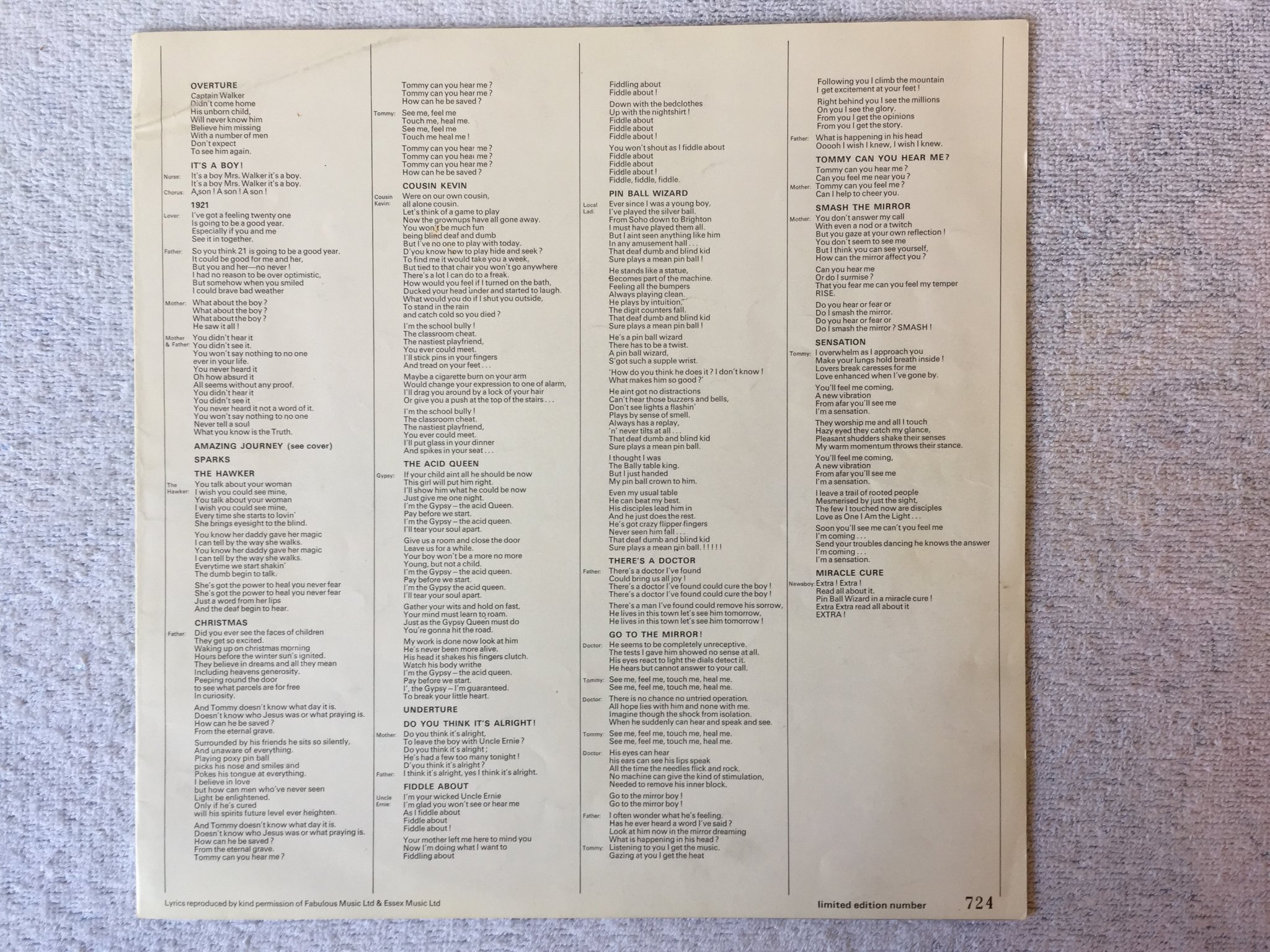 Omslagsbild för skivan THE WHO Tommy 2xLP -69 UK TRACK 613014 Numbered Edition #724   