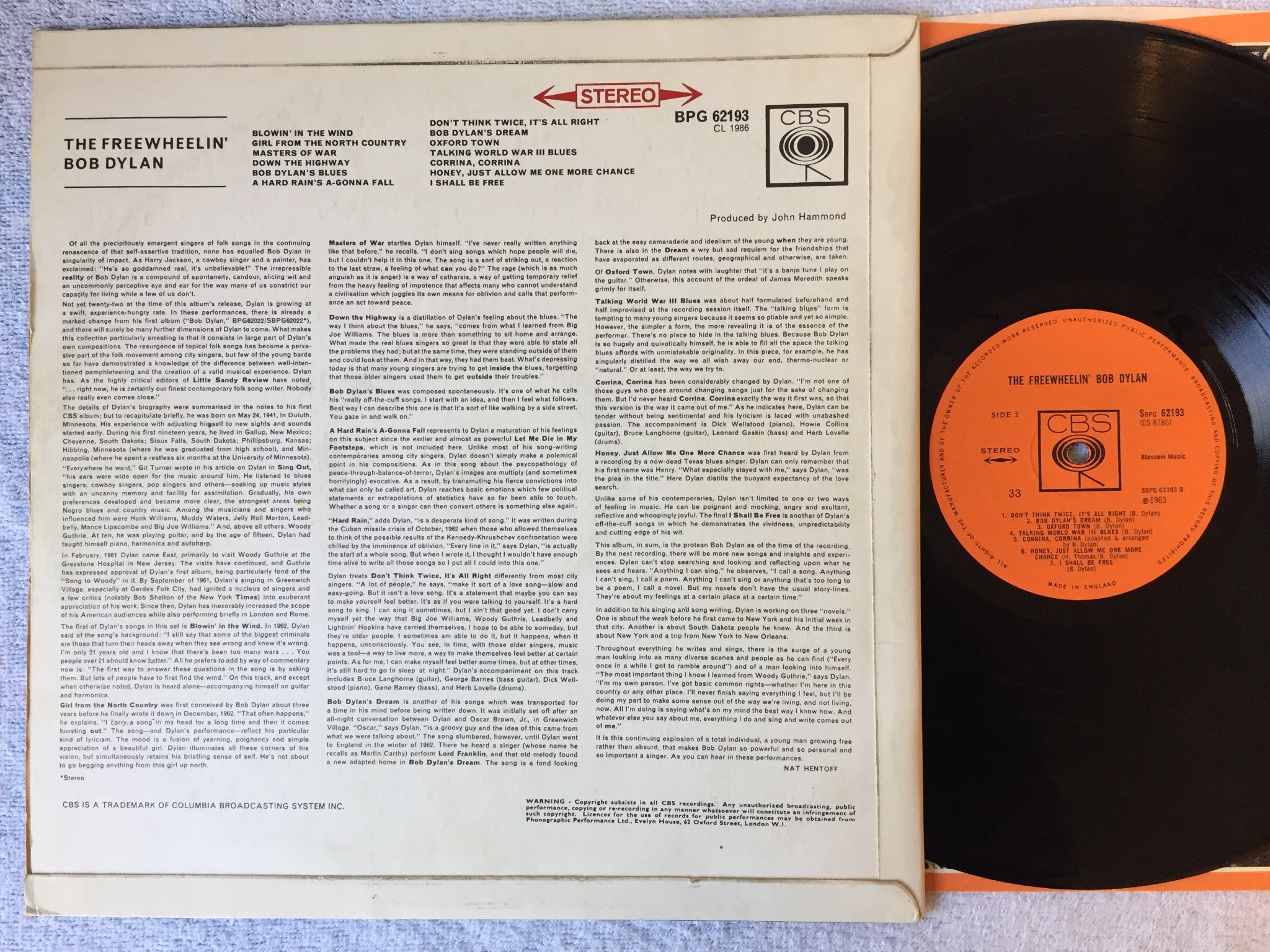 Omslagsbild för skivan BOB DYLAN the freewheelin' LP -63 CBS SBPG 62193 1st press ( 33 ) very rare!!!