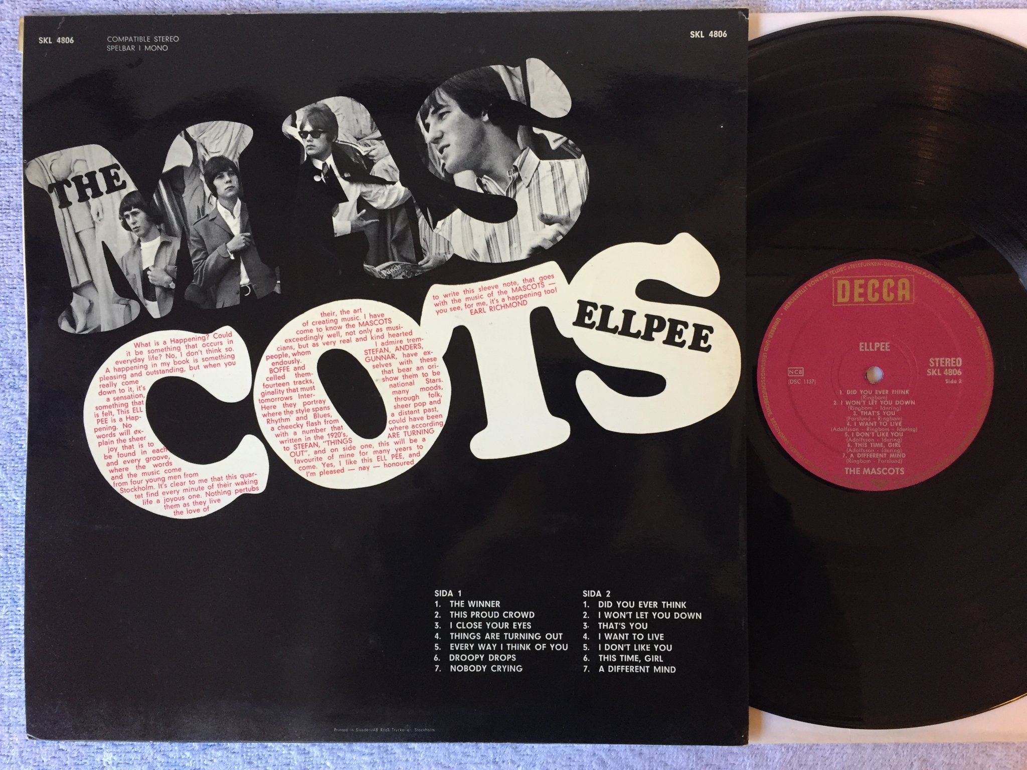 Omslagsbild för skivan THE MASCOTS ellpee LP -66 Swe DECCA SKL 4806 rare!