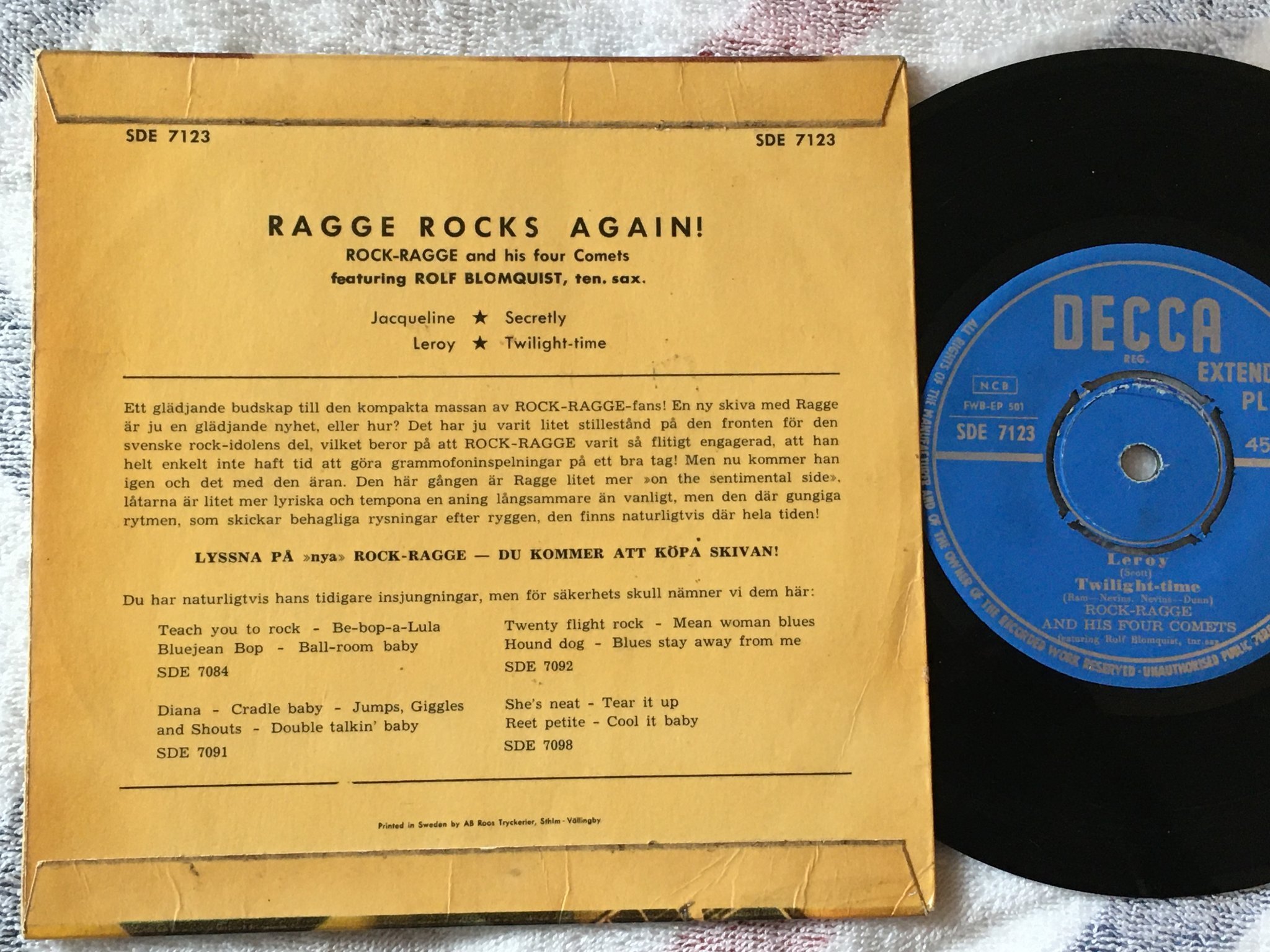 Omslagsbild för skivan ROCK-RAGGE & HIS FOUR COMETS Jacqueline  7"ep  -58 Swe  DECCA SDE 7123