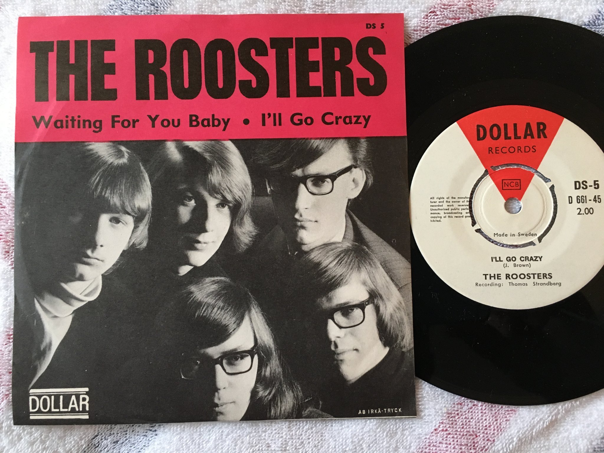 Omslagsbild för skivan THE ROOSTERS I'll go crazy 7"single -66 Swe DOLLAR DS 5 garage rock RARE!!