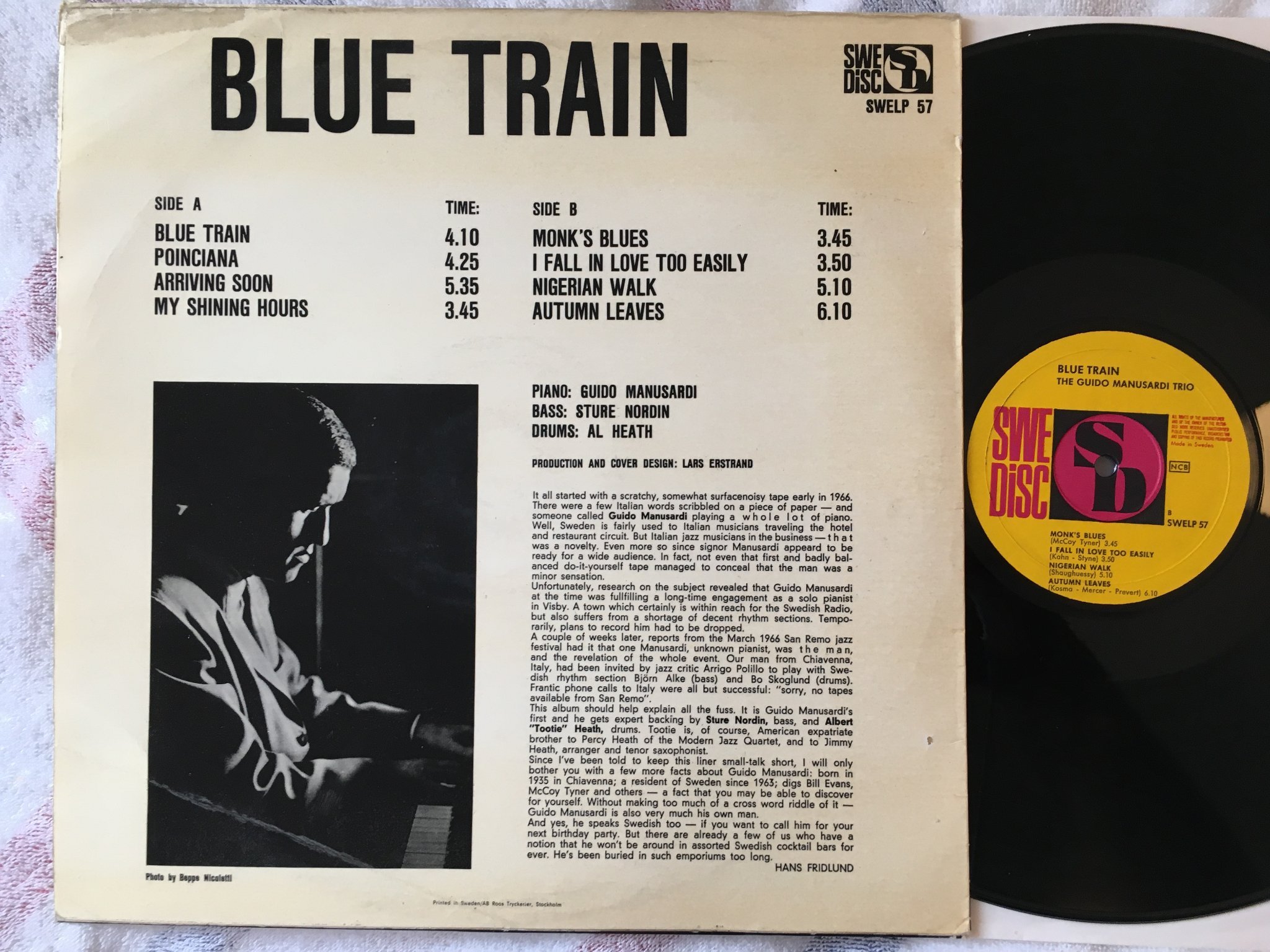 Omslagsbild för skivan THE GUIDO MANUSARDI TRIO blue train LP -67 Swe SWEDISCO SWELP 57 superb jazz