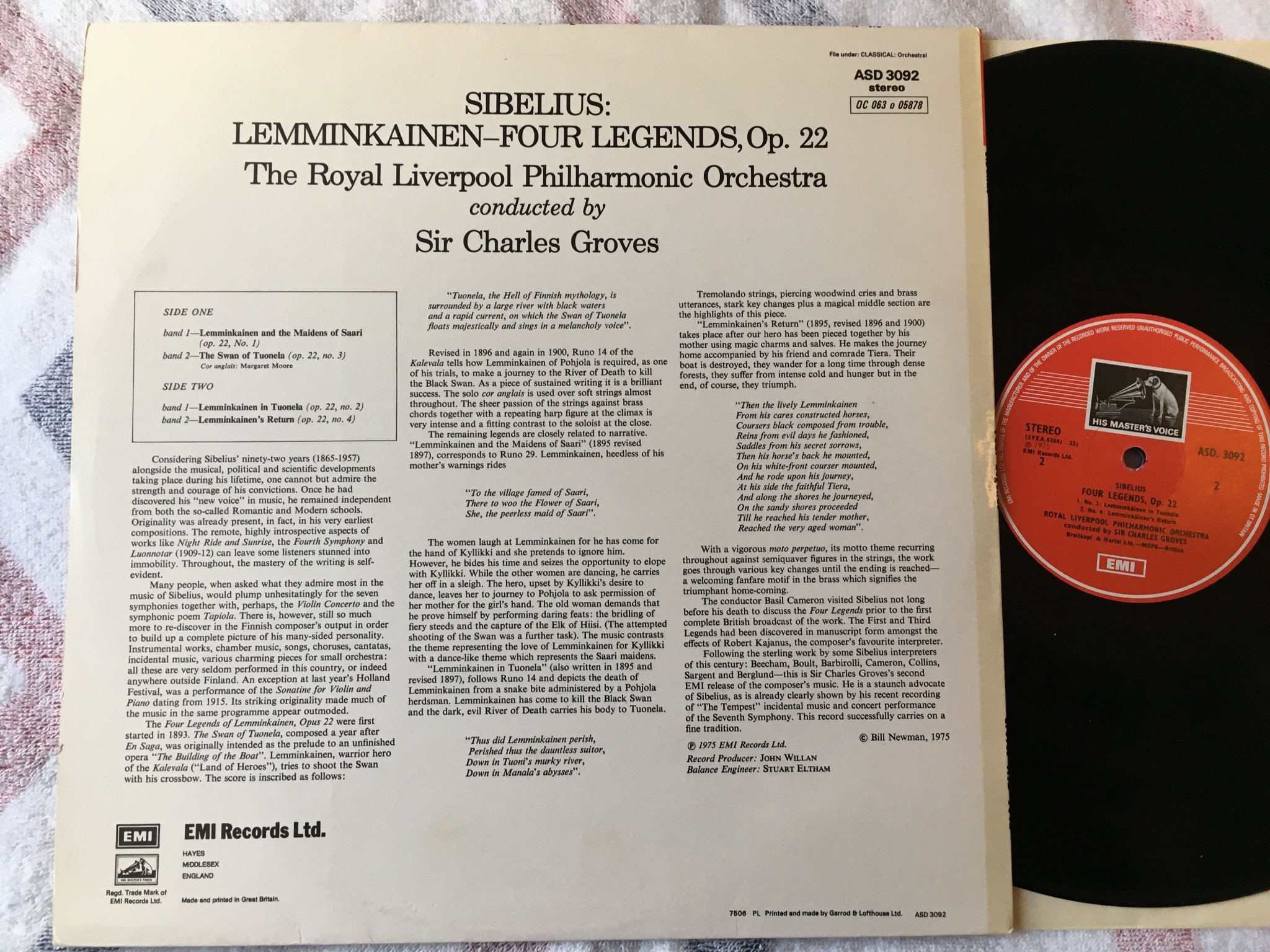 Omslagsbild för skivan GROVES Sibelius: four legends LP 1975 HMV ASD 3092 UK TAS LIST 