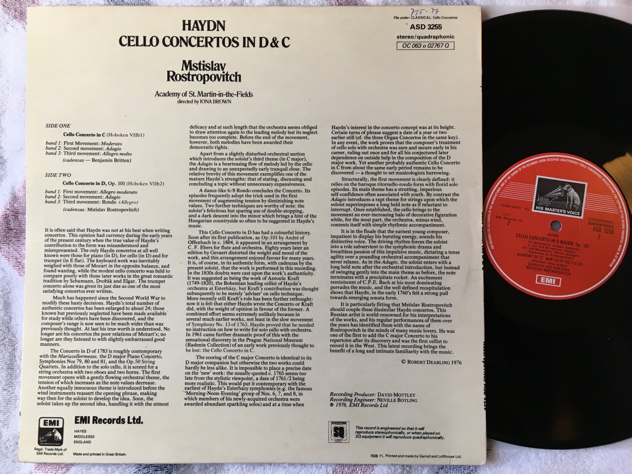 Omslagsbild för skivan ROSTROPOVITCH Haydn: cello concerto in D major op 101 LP -76 UK EMI ASD 3255