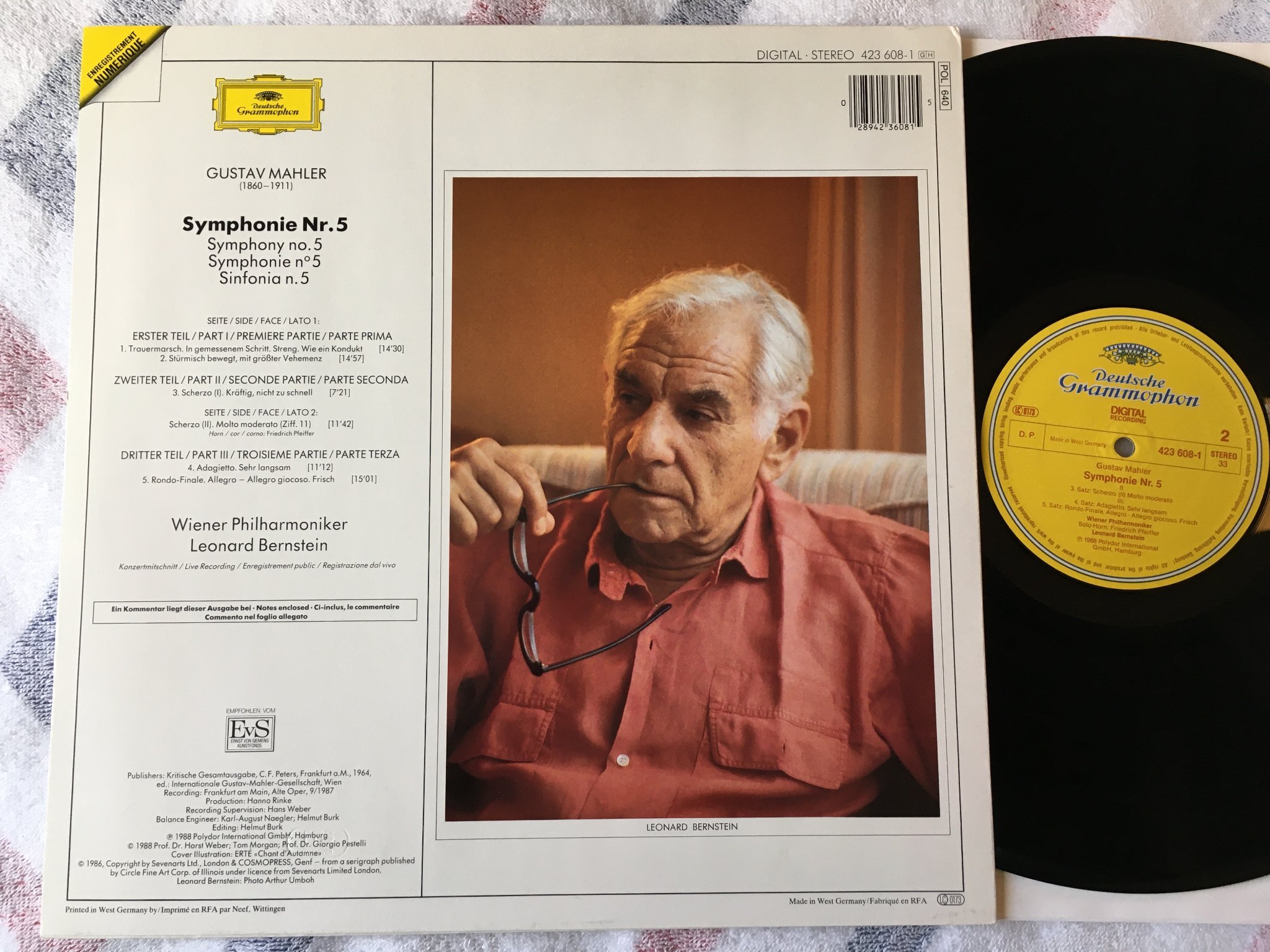 Omslagsbild för skivan BERNSTEIN Mahler: symphony No 5 LP -88 Ger DGG 423 608-1 rare 