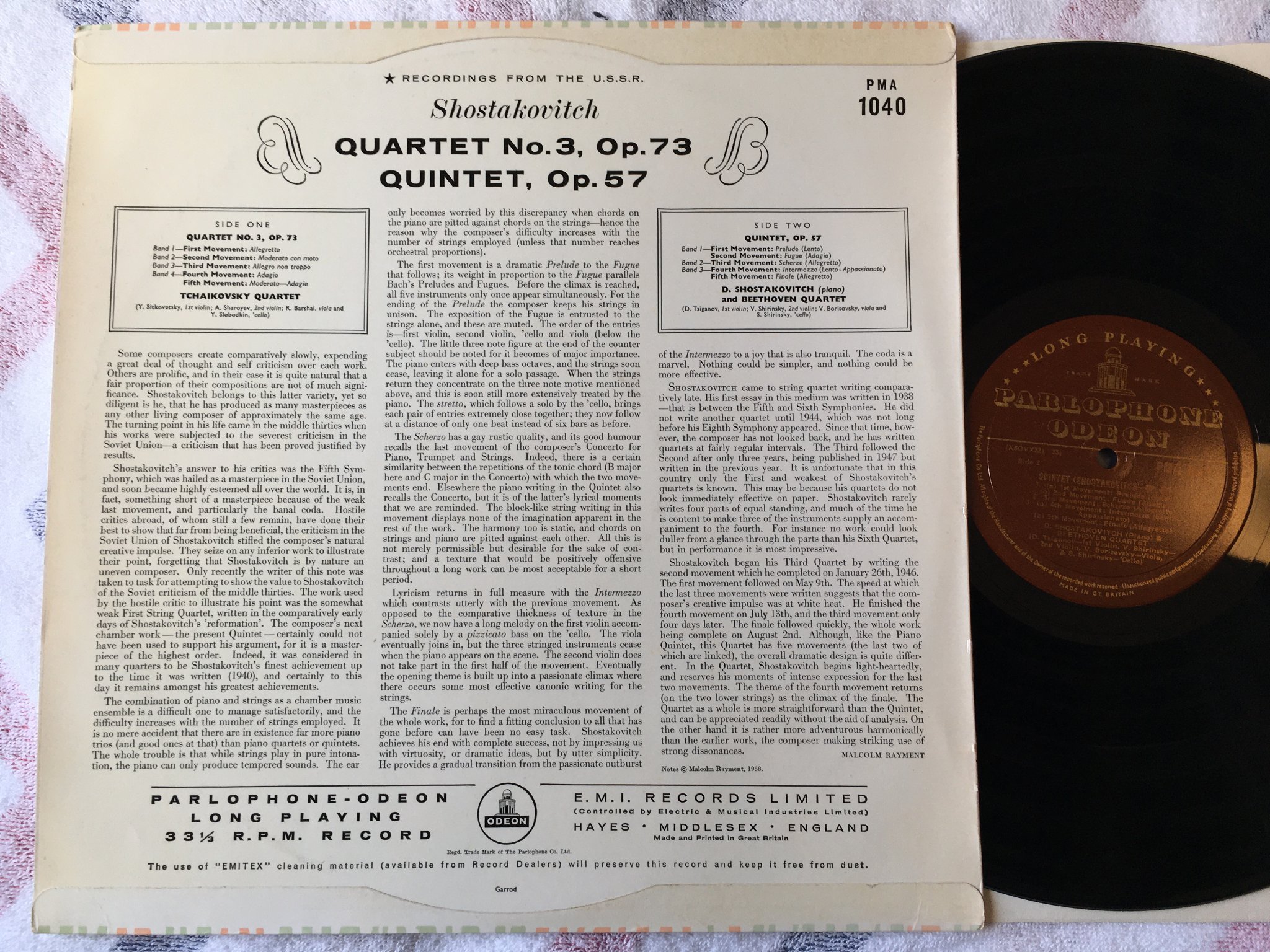 Omslagsbild för skivan SHOSTAKOVITCH Quartet No 3 LP -58 UK PARLOPHONE / ODEON PMA 1040