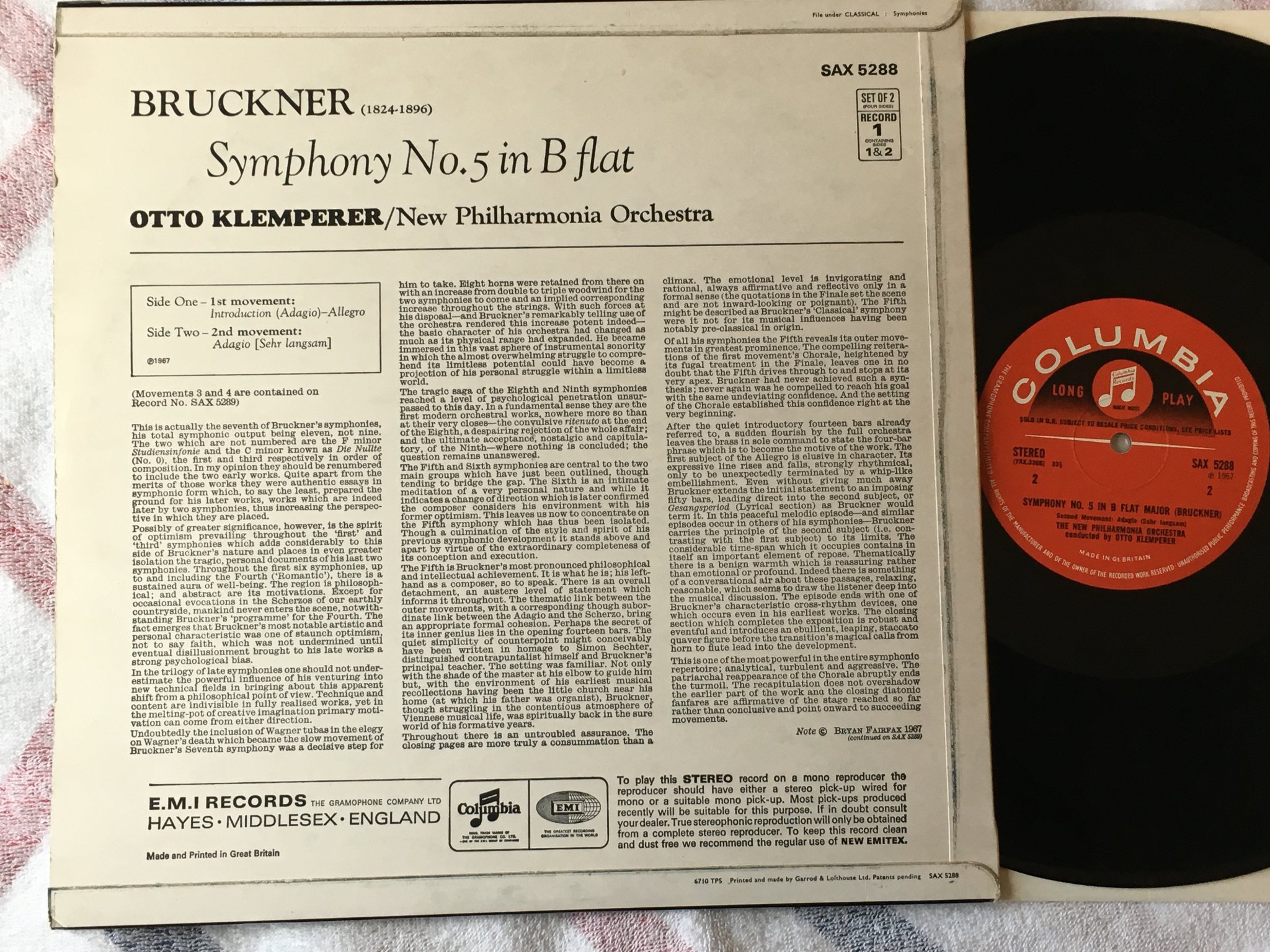 Omslagsbild för skivan KLEMPERER Bruckner: Symphony No 5 LP -67 UK COLUMBIA SAX 2588