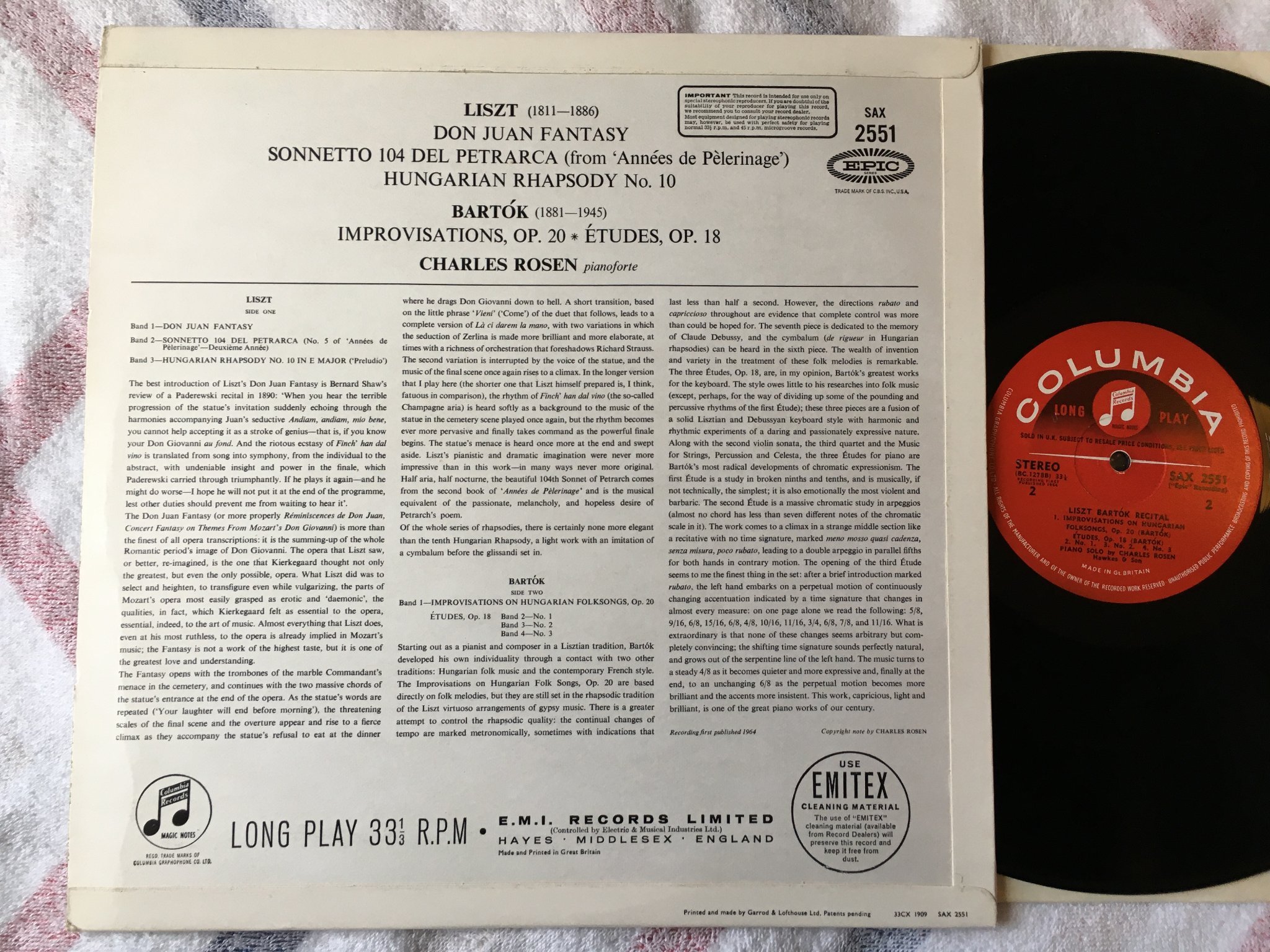 Omslagsbild för skivan CHARLES ROSEN Liszt Bartok recital LP -64 UK COLUMBIA SAX 2551