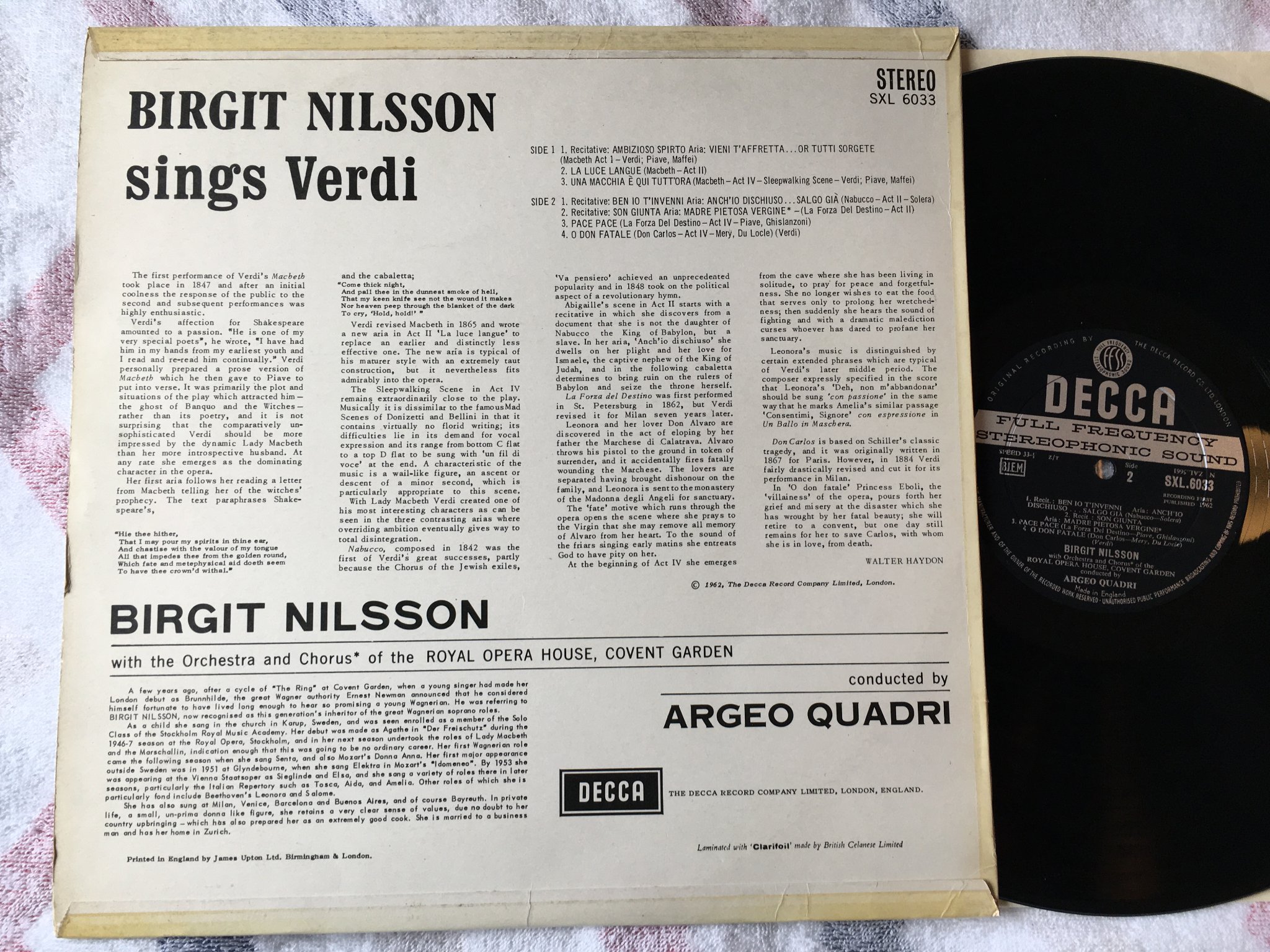 Omslagsbild för skivan ARGEO QUADRI & BIRGIT NILSSON sings Verdi LP -62 UK DECCA SXL 6033