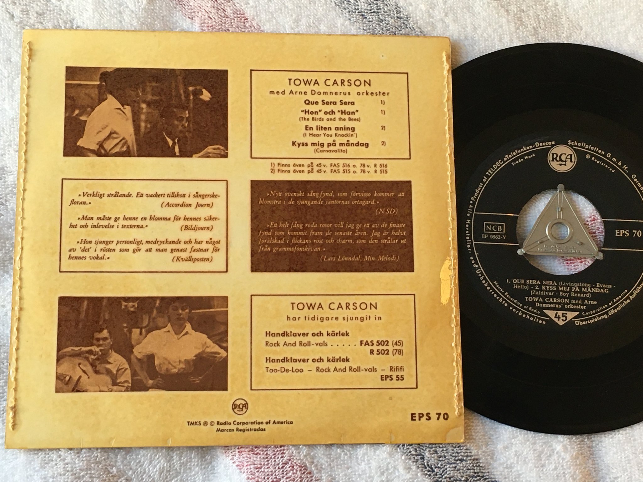 Omslagsbild för skivan TOWA CARSON que sera sera  7"ep -57 Swe RCA EPS 70 