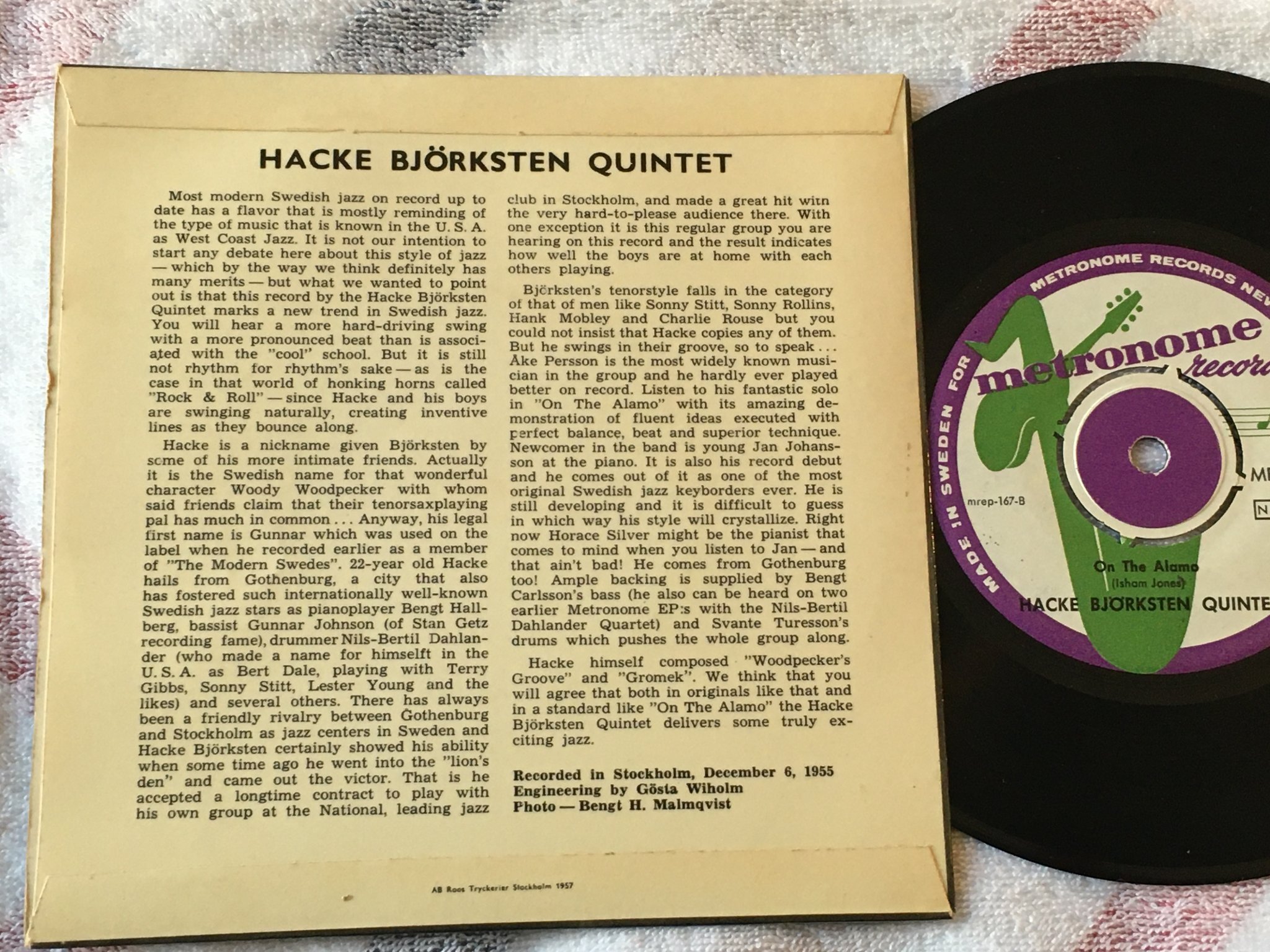Omslagsbild för skivan HACKE BJÖRKSTEN QUINTET  7"EP -56 Swe METRONOME  MEP 167 jazz