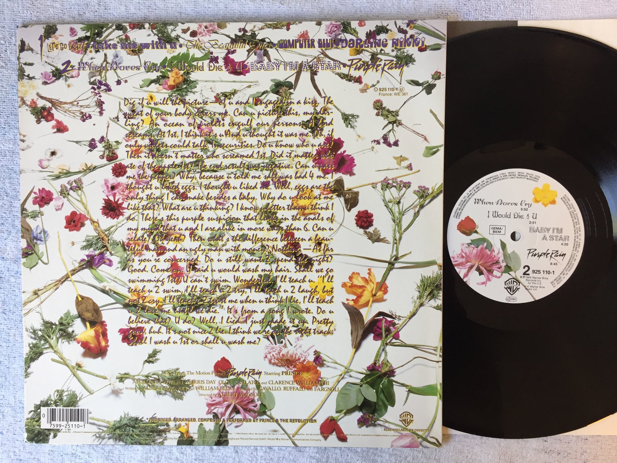 Omslagsbild för skivan PRINCE purple rain LP -84 WARNER BROS 925110-1