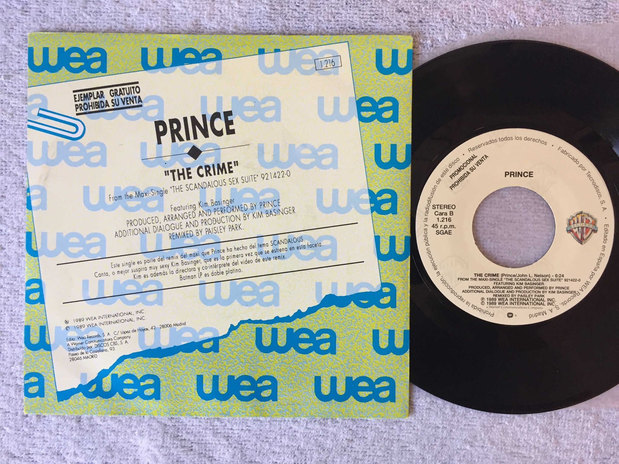 Omslagsbild för skivan PRINCE the crime 7"single -89 promo Spain WARNER BROS 1216 rare!