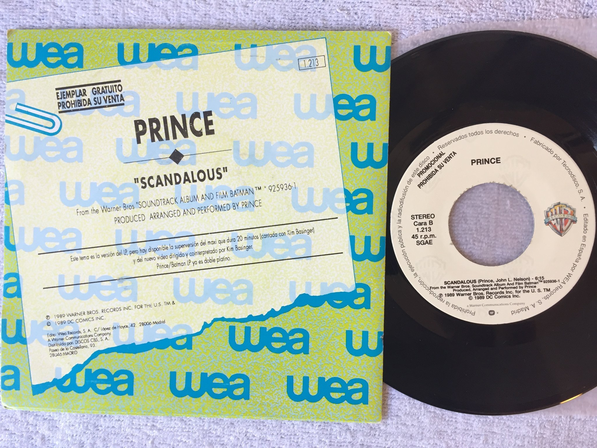 Omslagsbild för skivan PRINCE scandalous 7"single -89 promo Spain WARNER BROS 1213 rare!