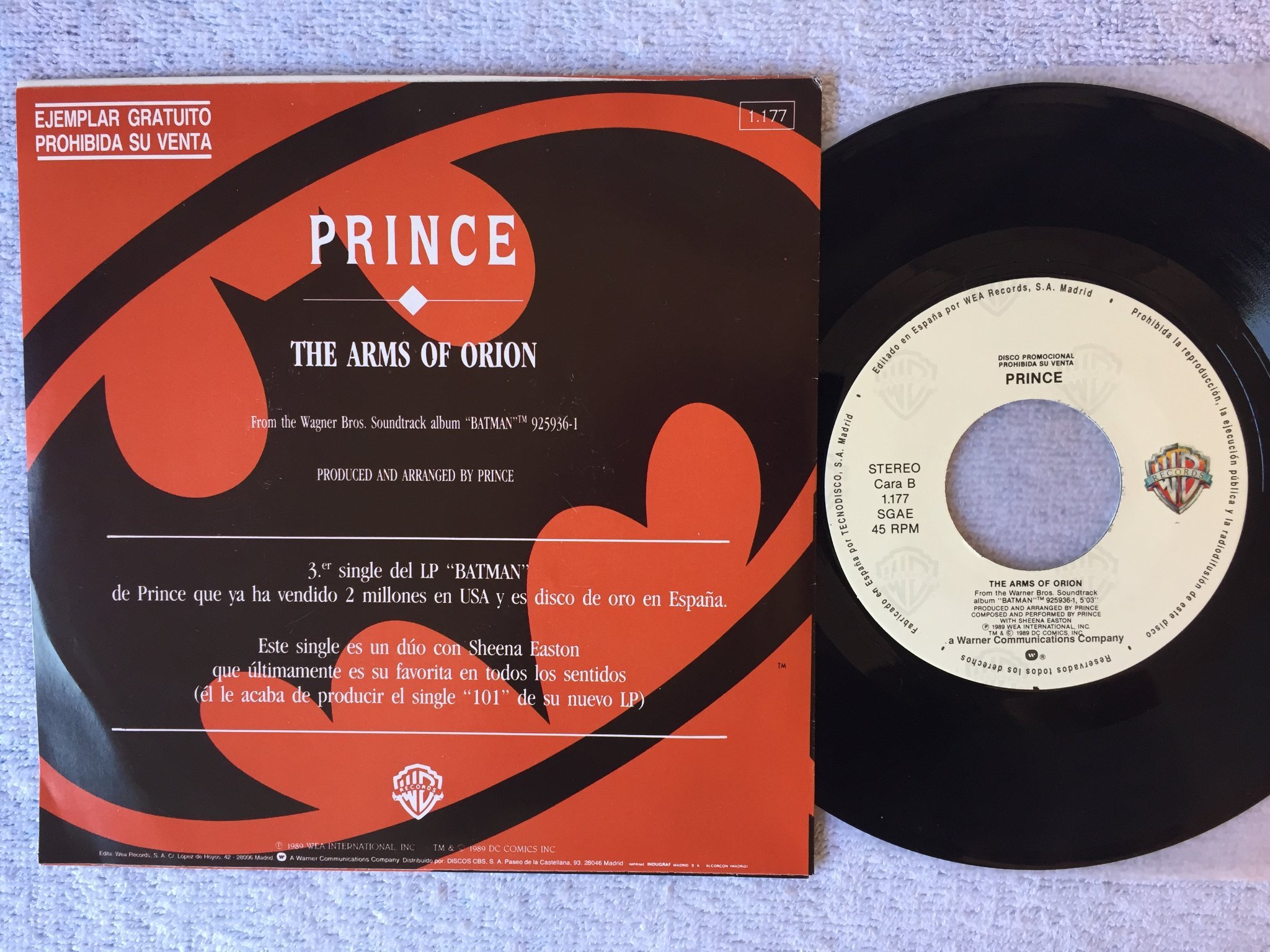 Omslagsbild för skivan PRINCE the arms of orion 7"single 89 promo Spain WARNER BROS 11773 very rare!