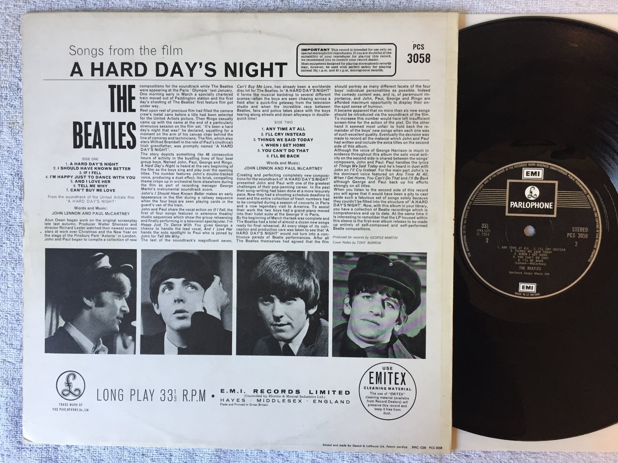 Omslagsbild för skivan THE BEATLES a hard day's night LP  UK PARLOPHONE PCS 3058