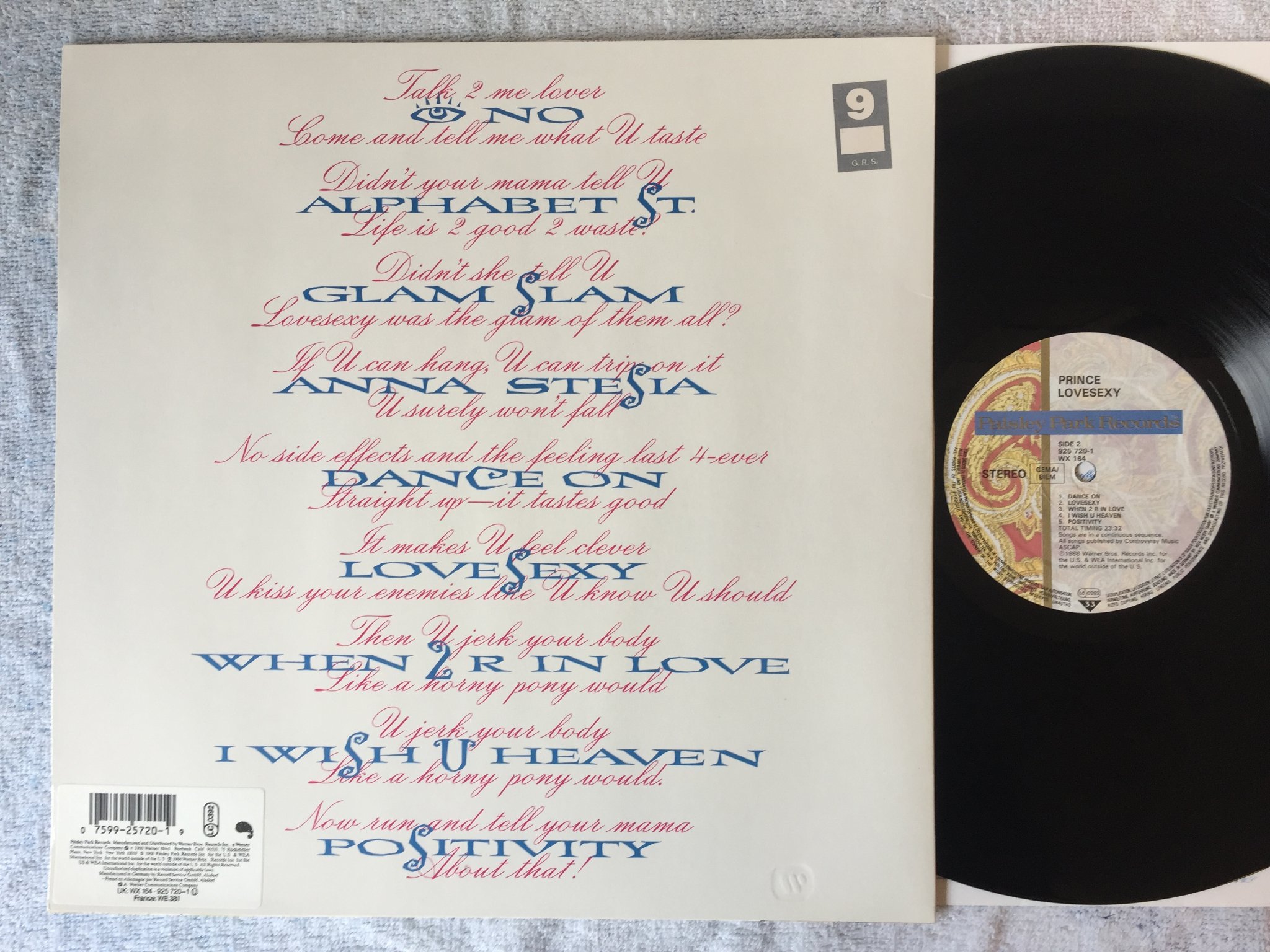 Omslagsbild för skivan PRINCE lovesexy LP Ger -88 paisley park 925 720-1